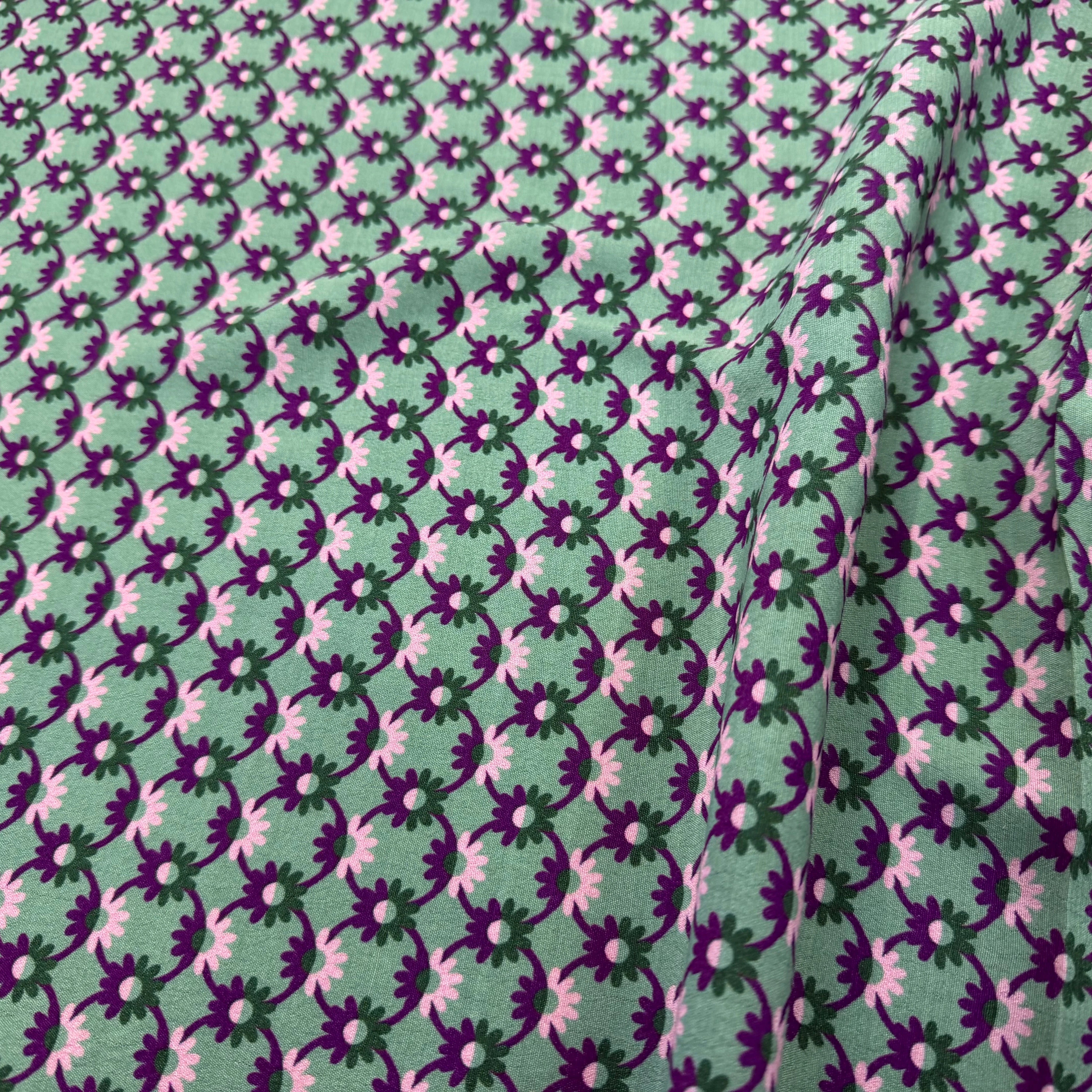 CREPE MAROCAIN 100% VISCOSE COMO PREMIUM VERT FLEURS VIOLETTES - My Little Coupon