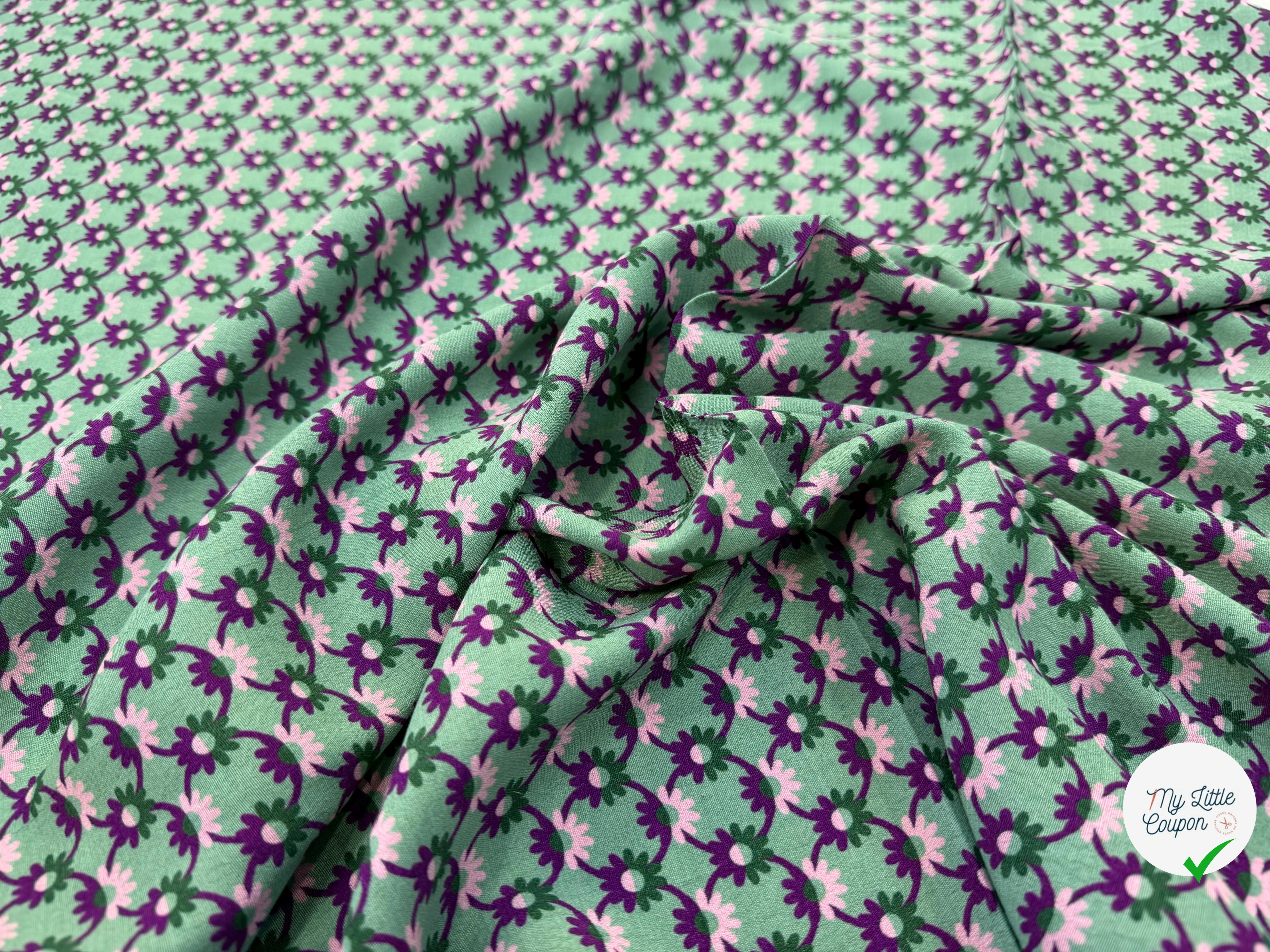 CREPE MAROCAIN 100% VISCOSE COMO PREMIUM VERT FLEURS VIOLETTES - My Little Coupon