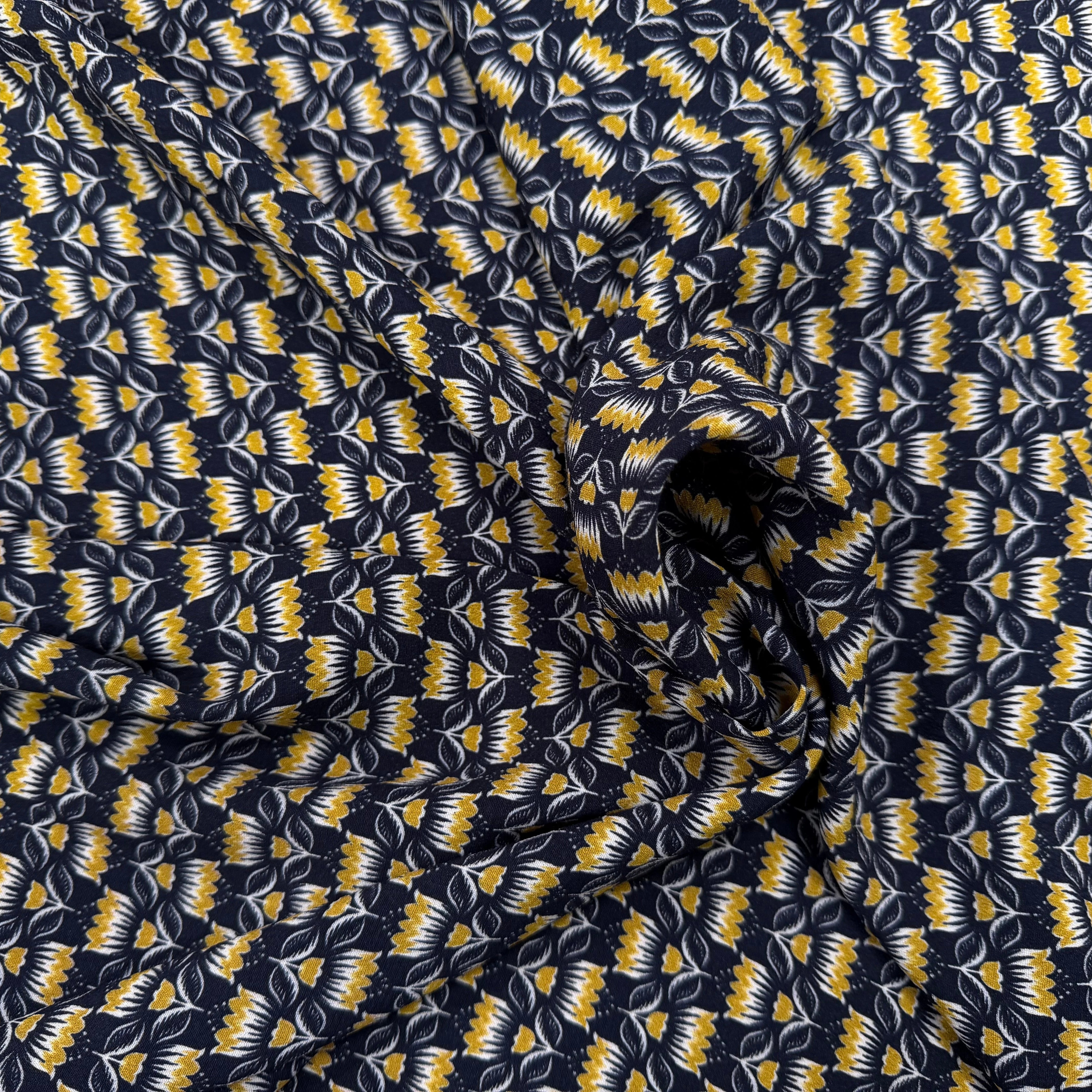 CREPE MAROCAIN VISCOSE QUALITÉ COMO MARINE FLORALIE JAUNE - My Little Coupon