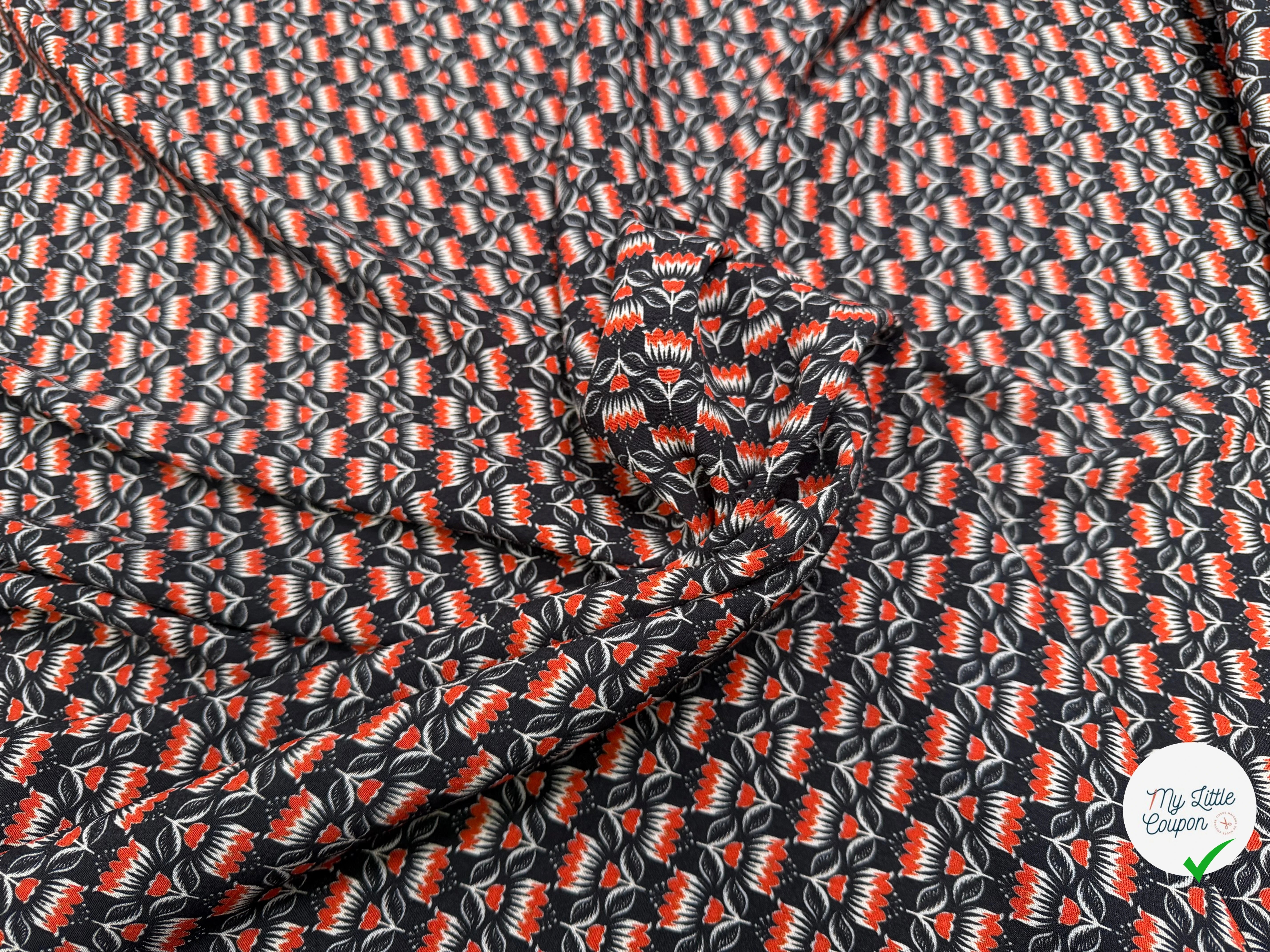 CREPE MAROCAIN VISCOSE QUALITÉ COMO NOIR FLORALIE ORANGE - My Little Coupon