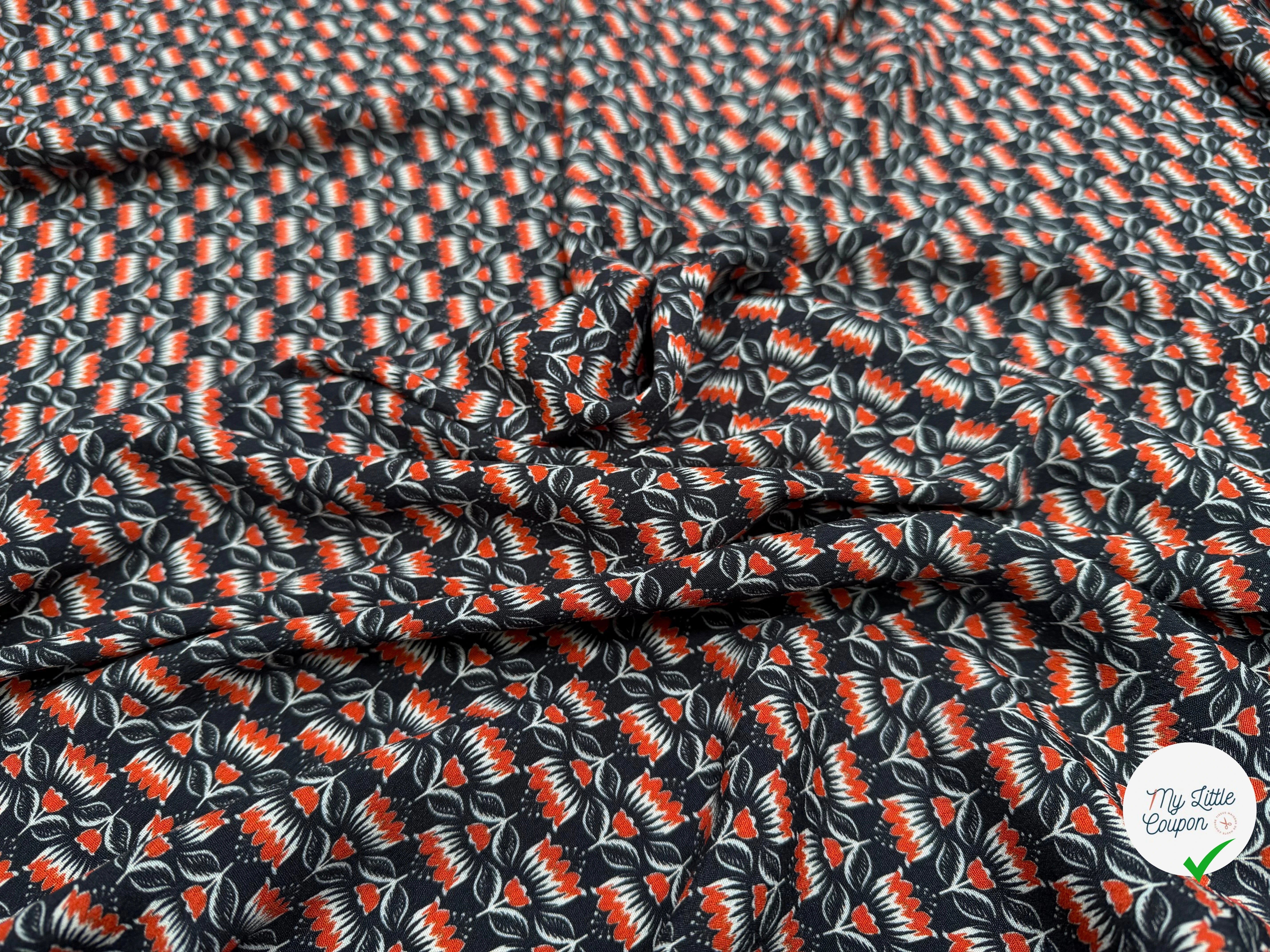 CREPE MAROCAIN VISCOSE QUALITÉ COMO NOIR FLORALIE ORANGE - My Little Coupon