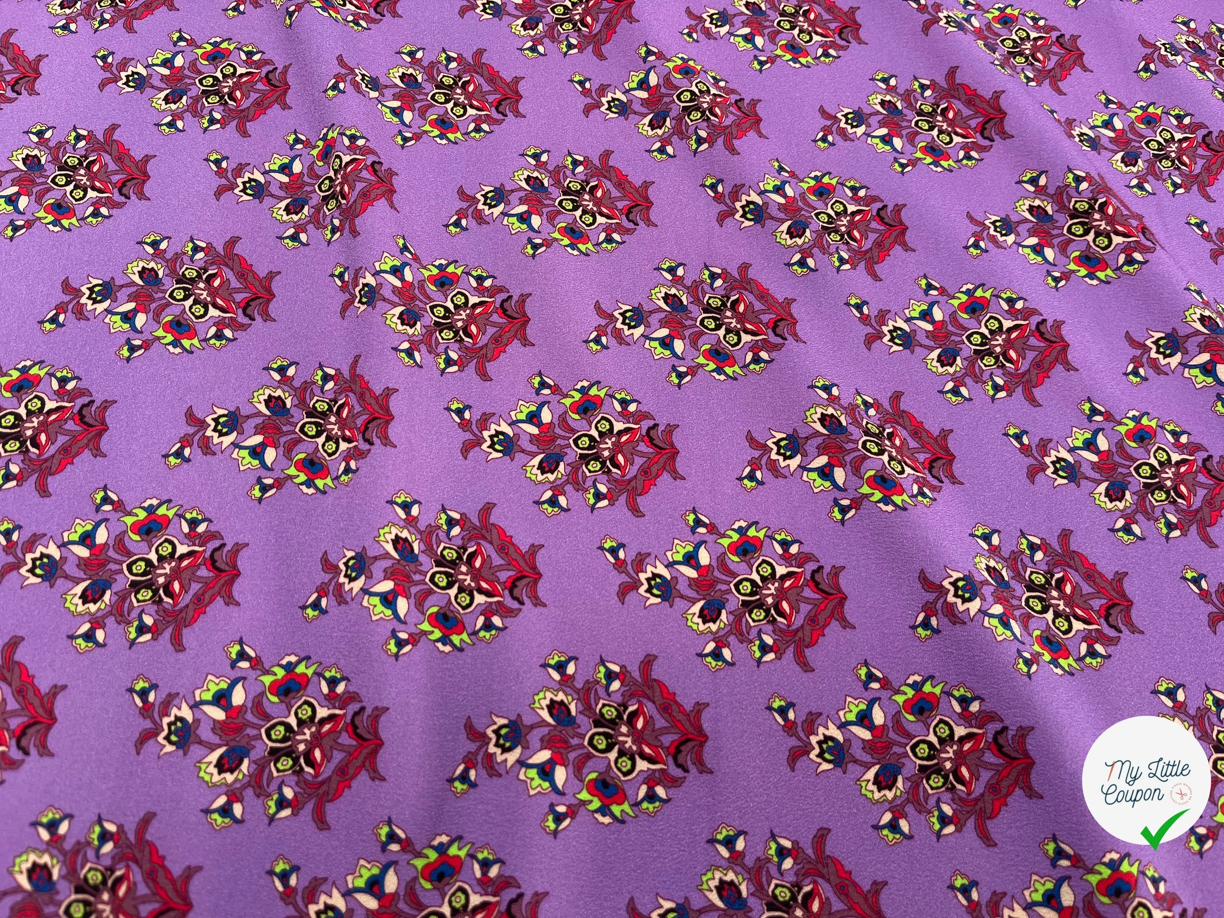 CREPE POLYESTER IMPRIMÉ FLEURS FOND VIOLET 148CM - My Little Coupon