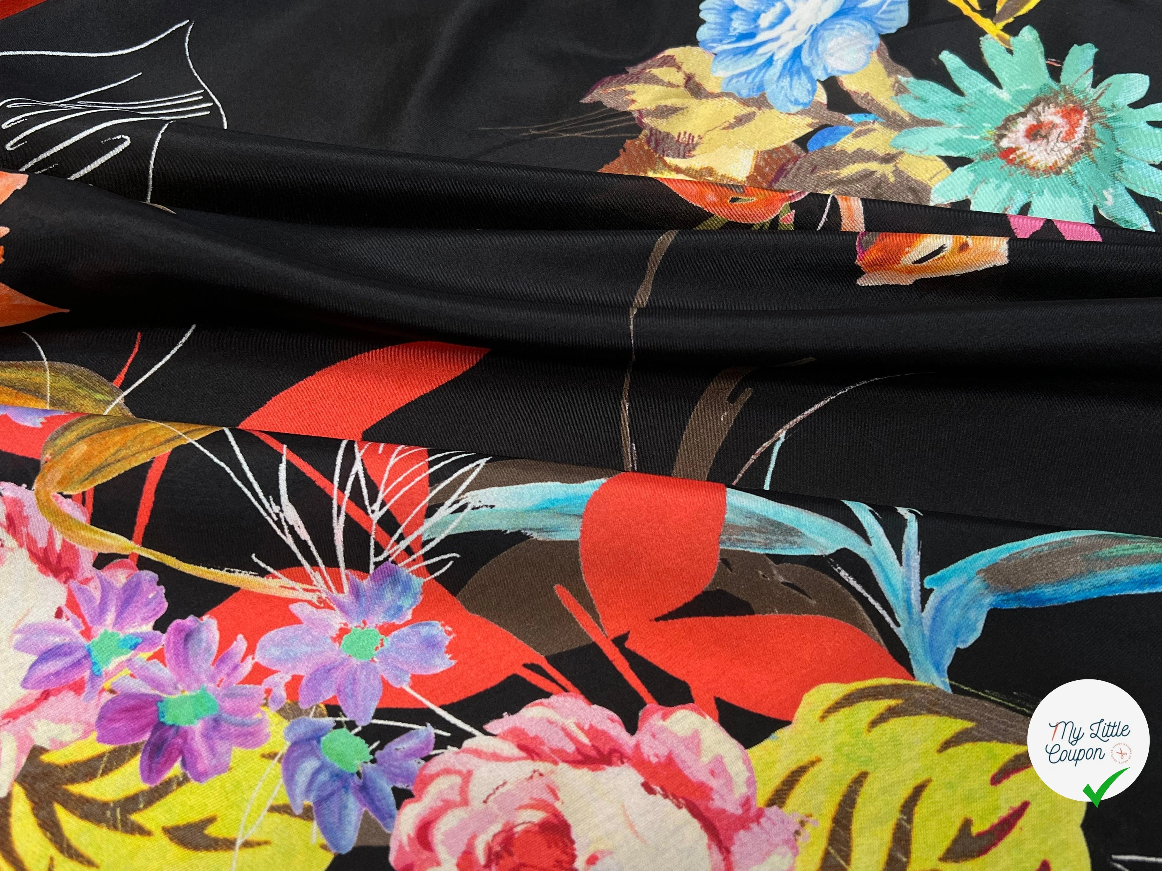 CREPE SOIE IMPRIMÉ GROSSES FLEURS MULTICOLORES - My Little Coupon