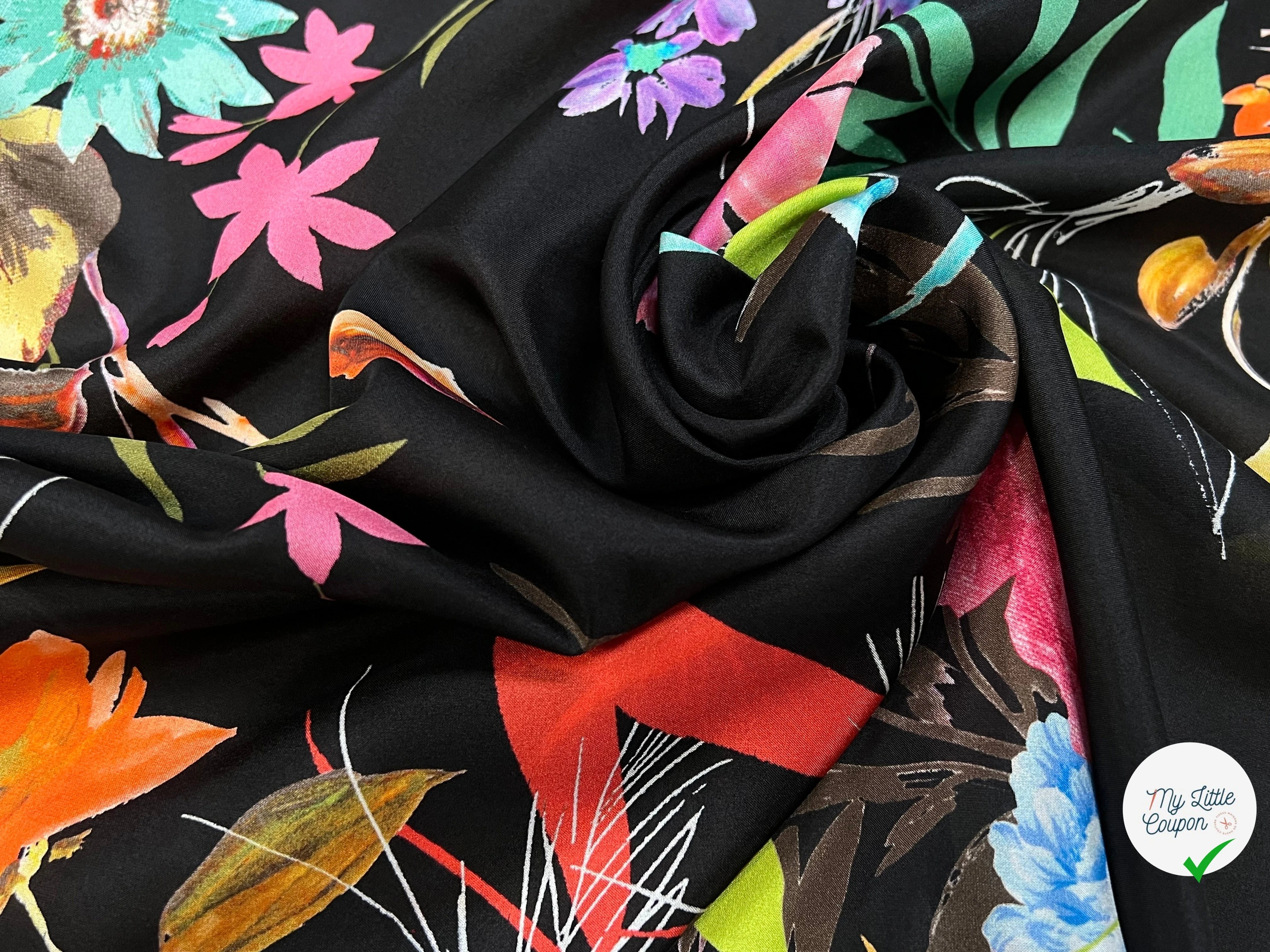 CREPE SOIE IMPRIMÉ GROSSES FLEURS MULTICOLORES - My Little Coupon