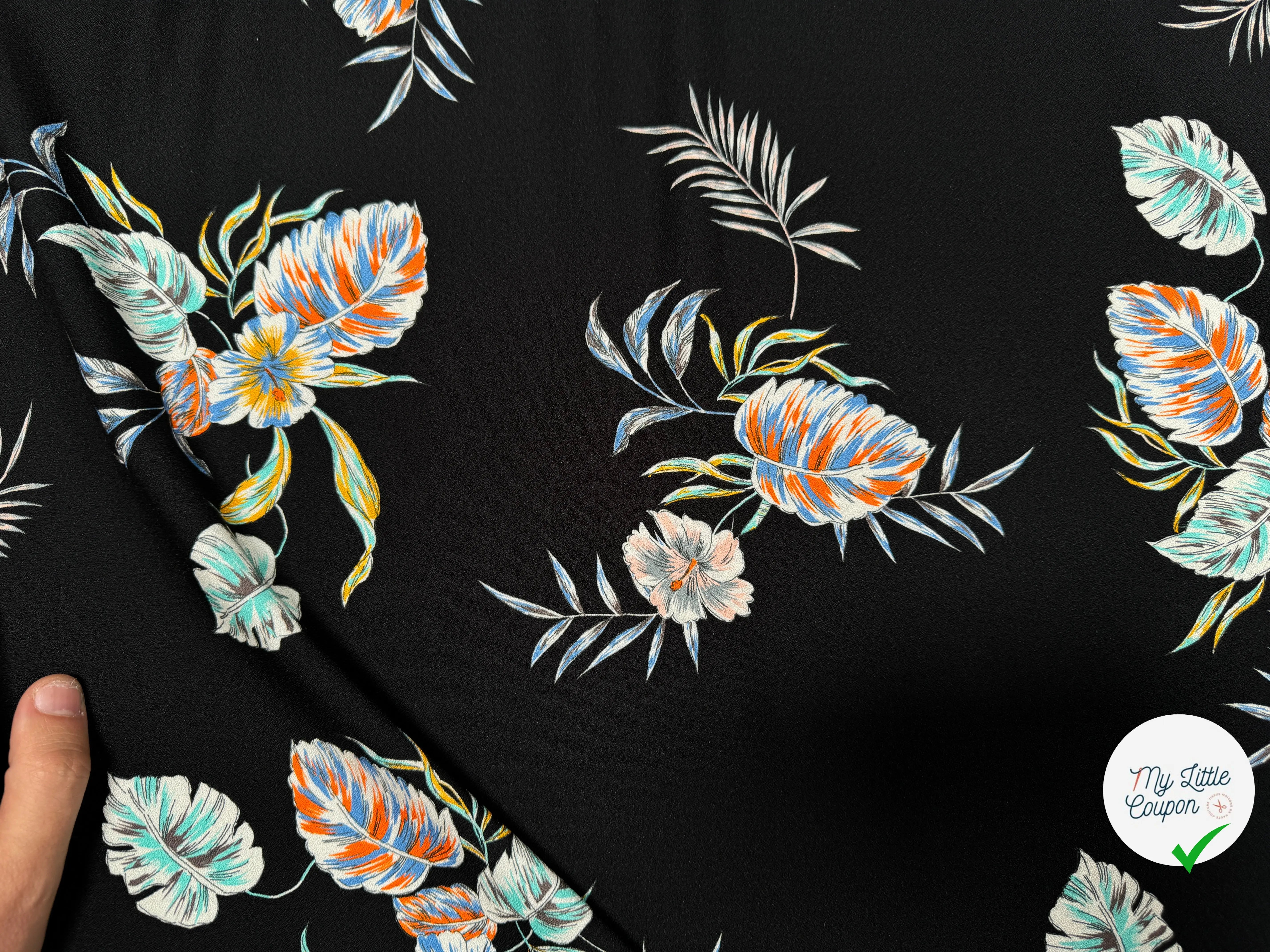 CREPE TESSUTO 100%VISCOSE FOND NOIR AVEC FEUILLES - My Little Coupon
