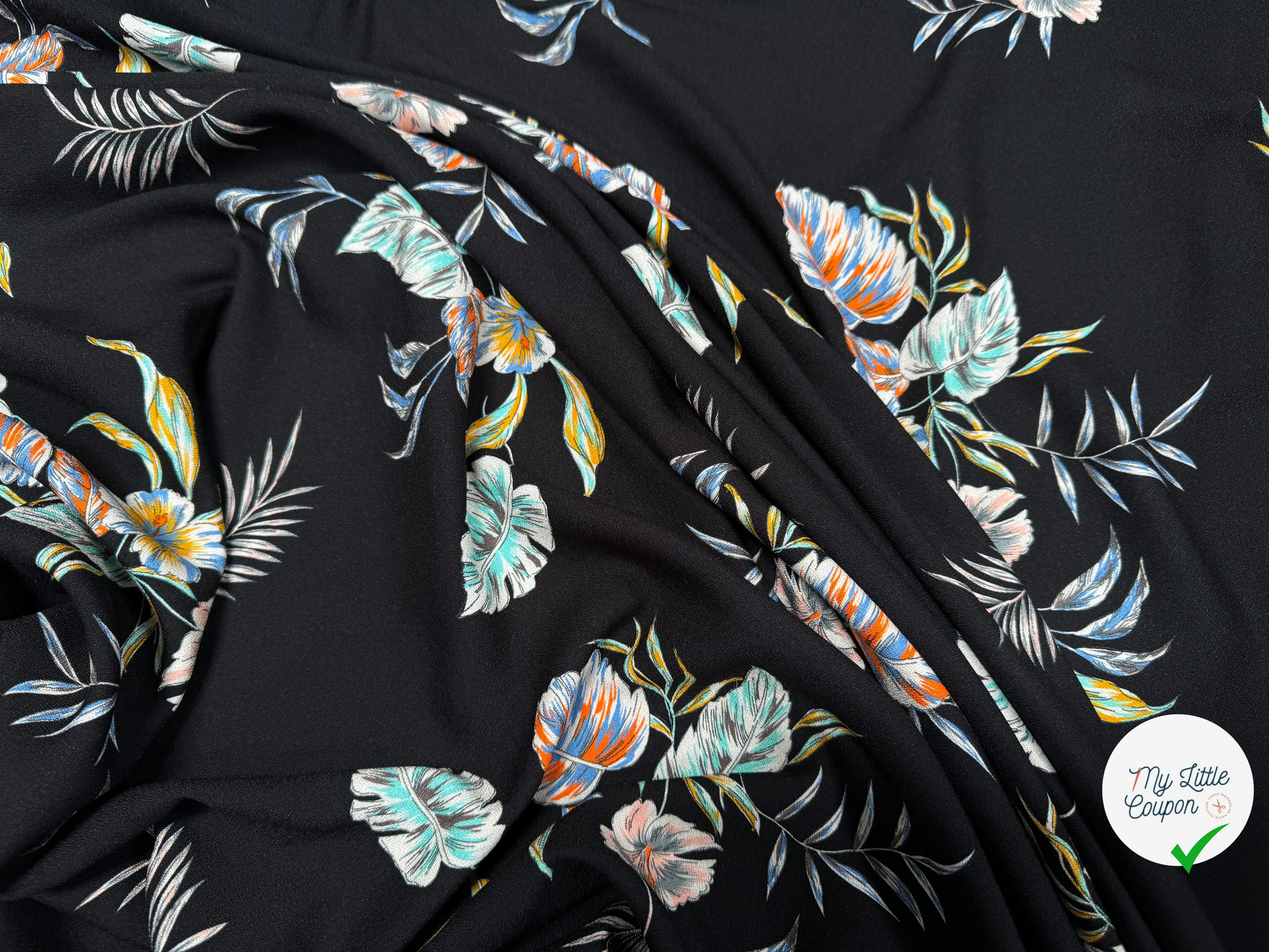 CREPE TESSUTO 100%VISCOSE FOND NOIR AVEC FEUILLES - My Little Coupon