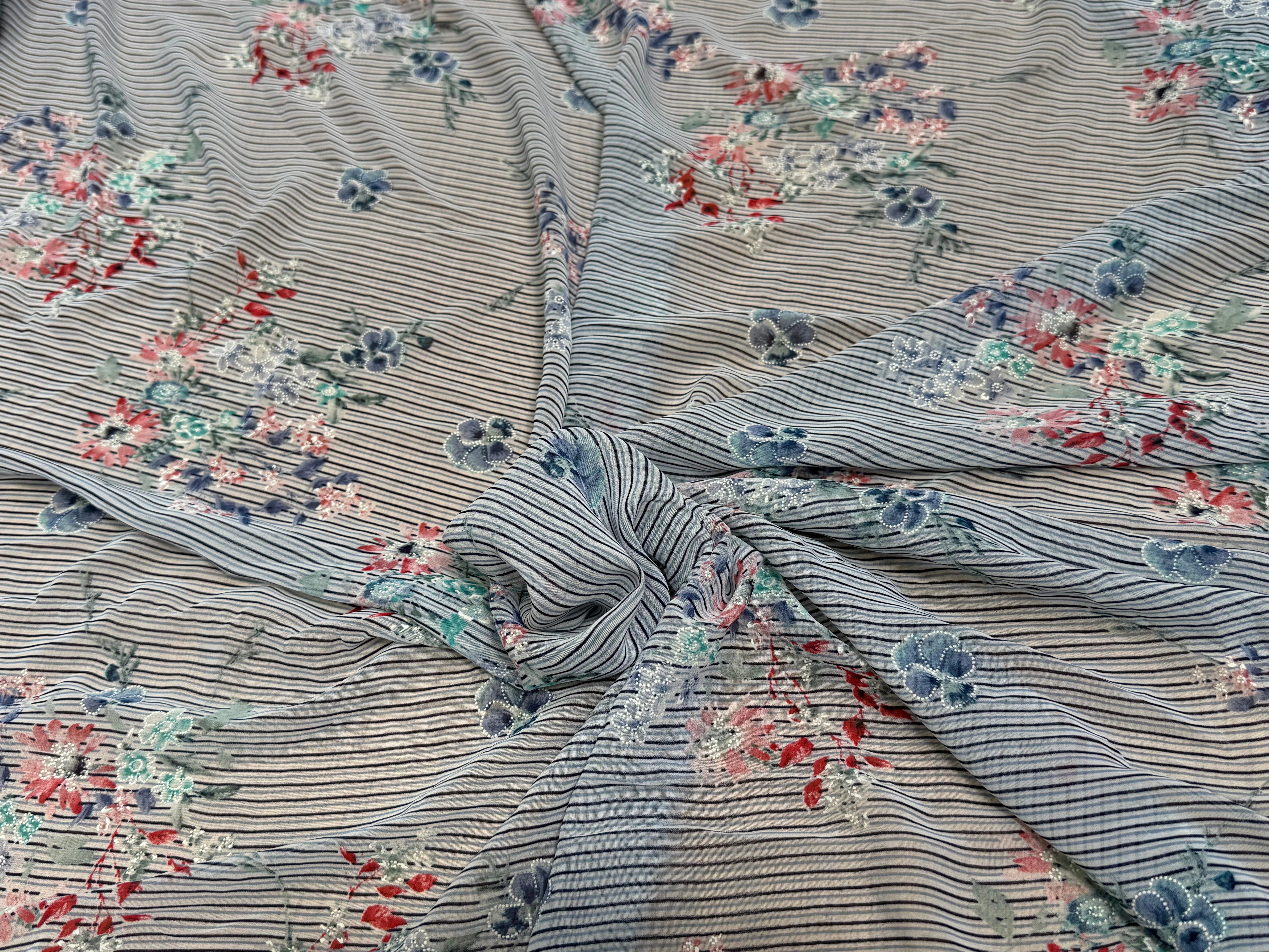 CREPE ULTRA FIN FOND BLANC À RAYURES MOTIFS FLORAUX BLEUS - My Little Coupon
