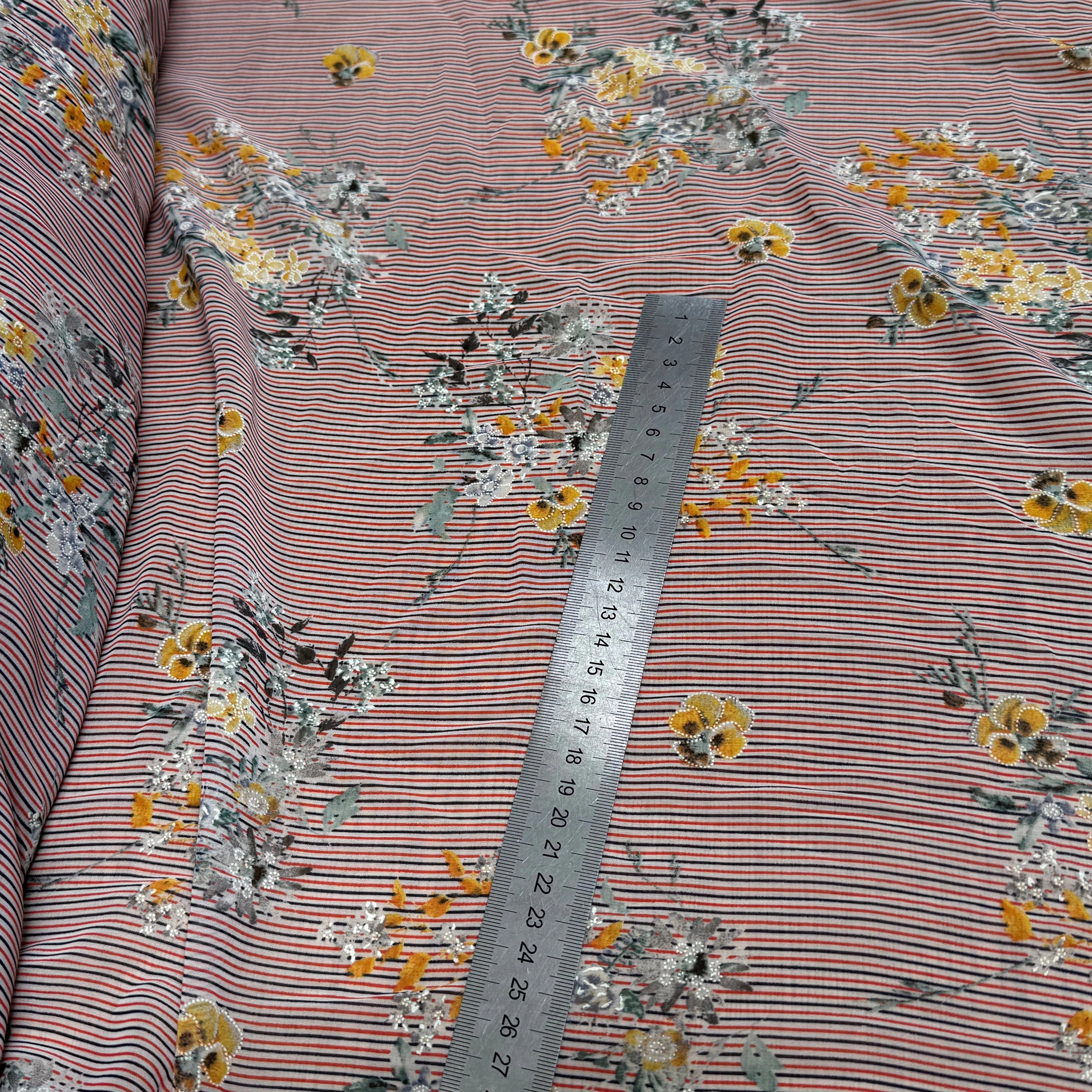 CREPE ULTRA FIN FOND BLANC À RAYURES MOTIFS FLORAUX JAUNE - My Little Coupon