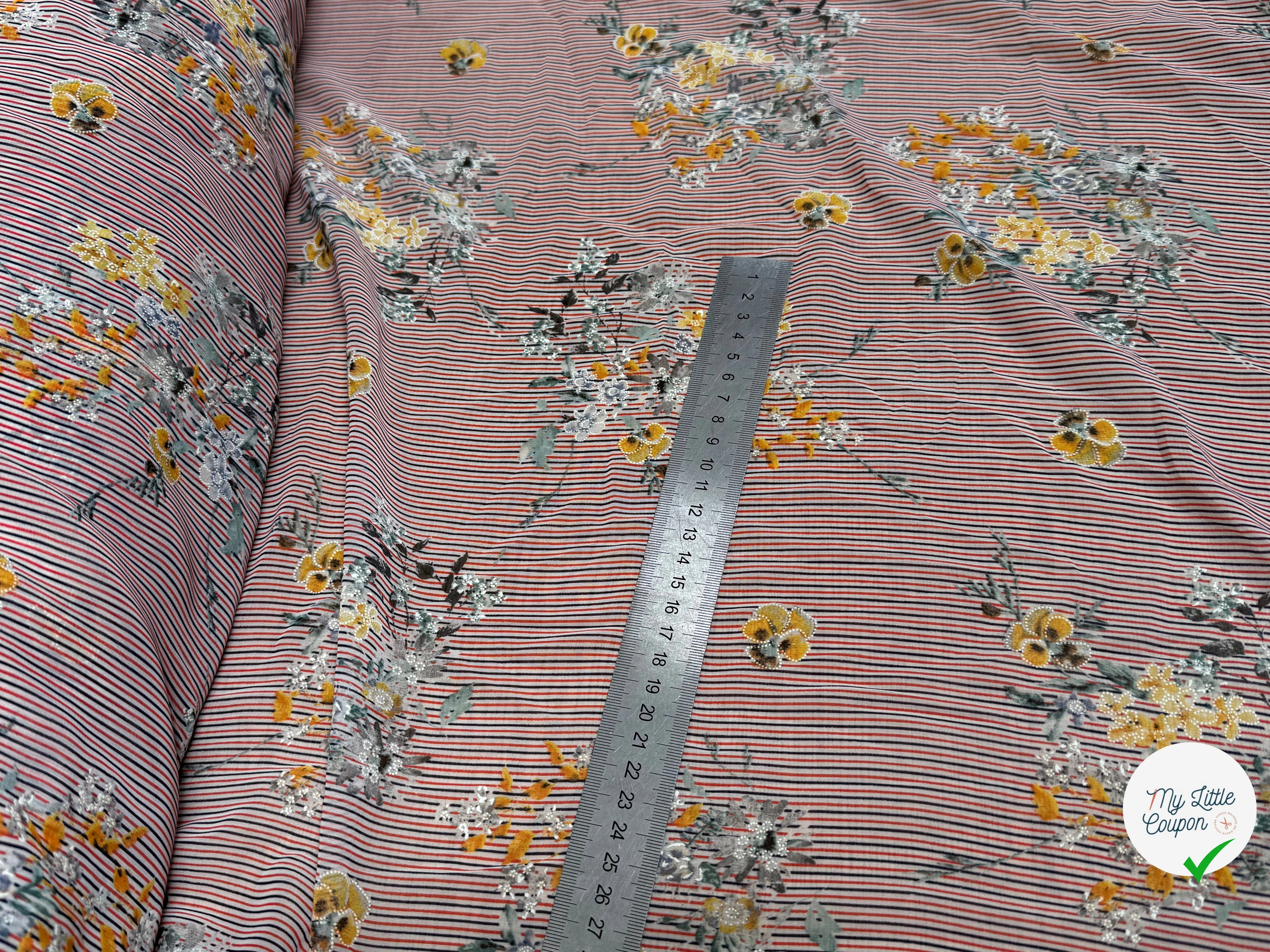 CREPE ULTRA FIN FOND BLANC À RAYURES MOTIFS FLORAUX JAUNE - My Little Coupon