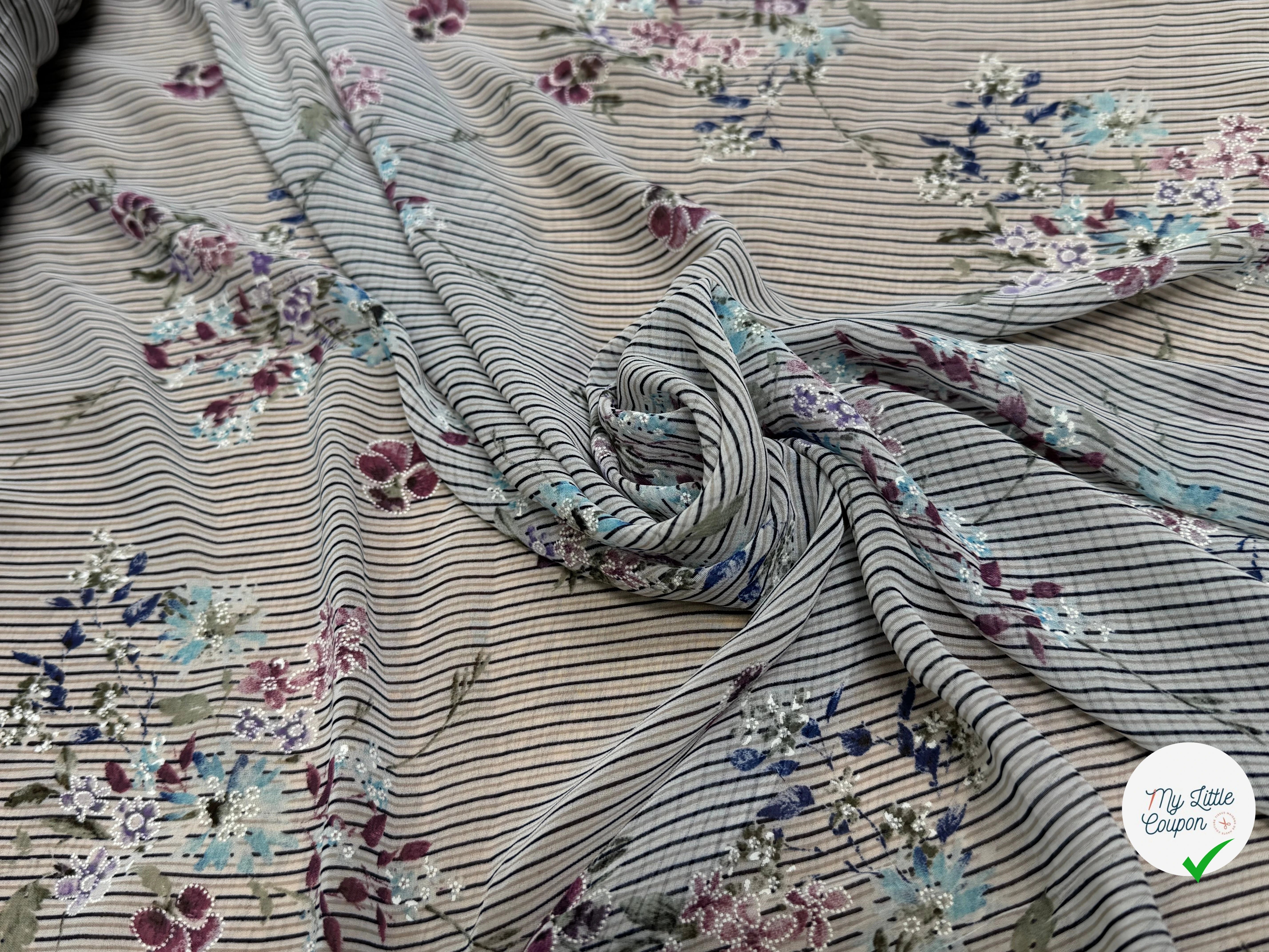 CREPE ULTRA FIN FOND BLANC À RAYURES MOTIFS FLORAUX VIOLET - My Little Coupon