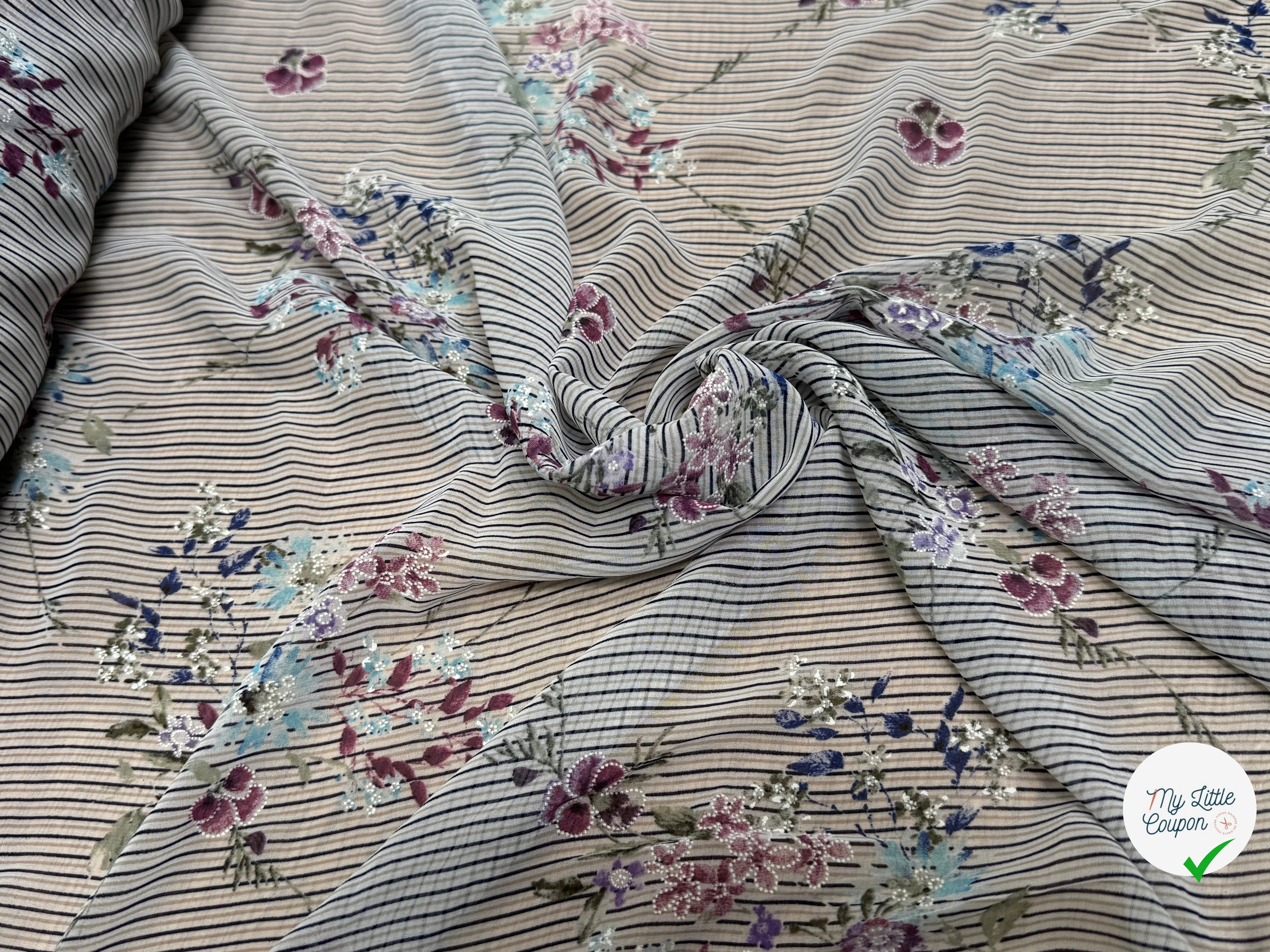 CREPE ULTRA FIN FOND BLANC À RAYURES MOTIFS FLORAUX VIOLET - My Little Coupon
