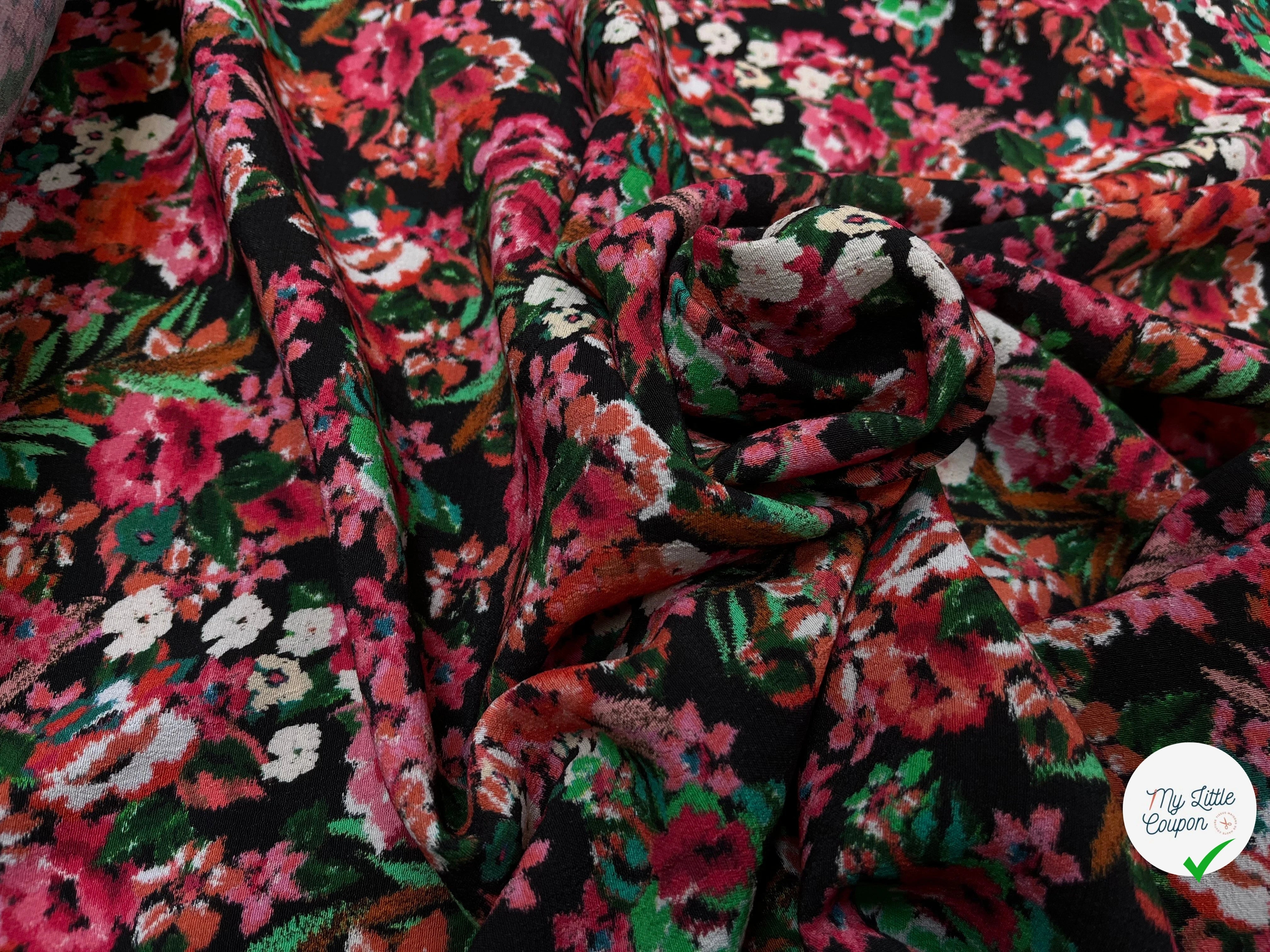 CREPE VISCOSE BOUQUET FLEURS FOND NOIR 140 LAIZE - My Little Coupon