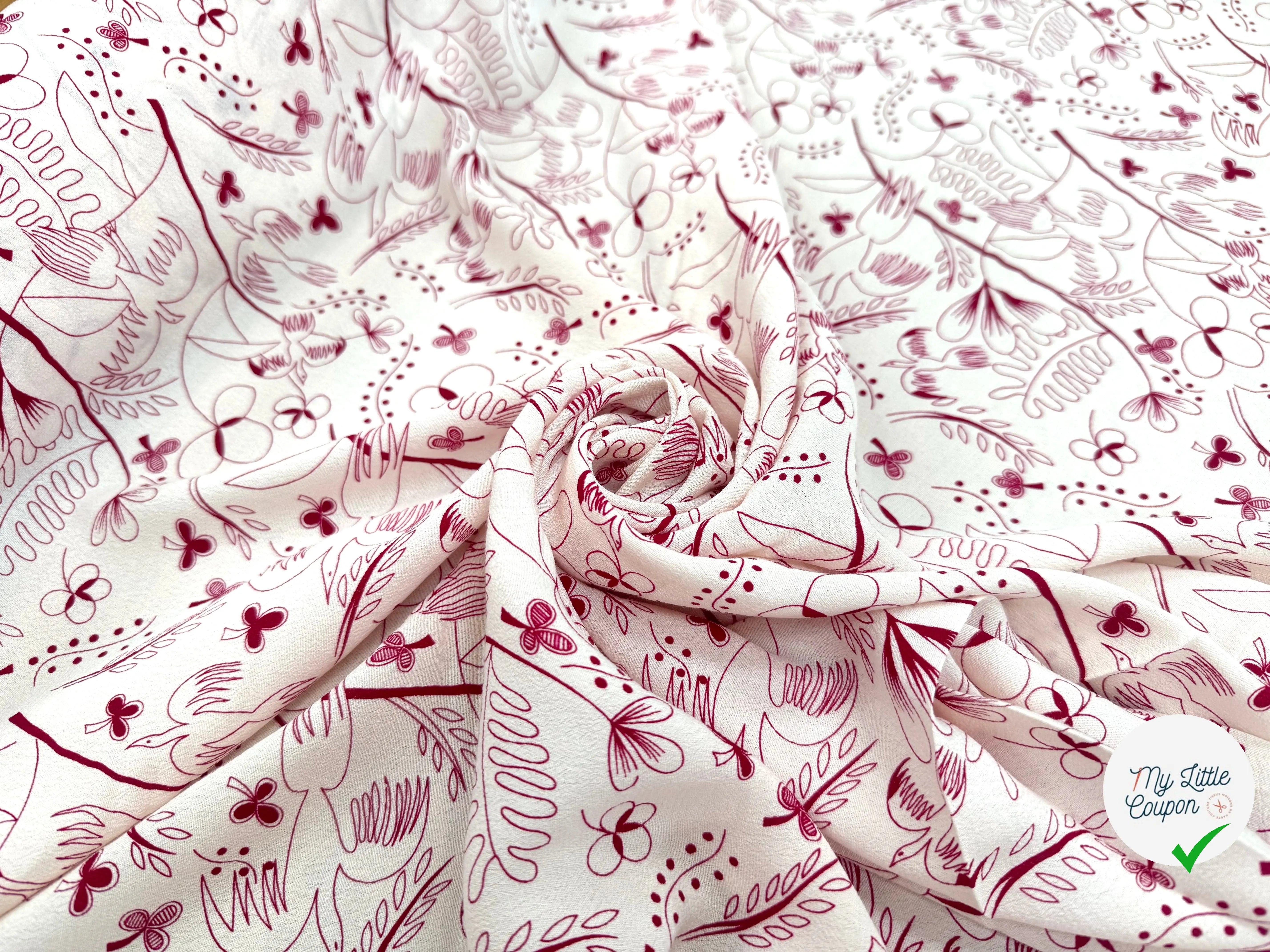 CRÊPE VISCOSE FOND BLANC MOTIFS COLOMBES ET TREFFLES ROSE - My Little Coupon