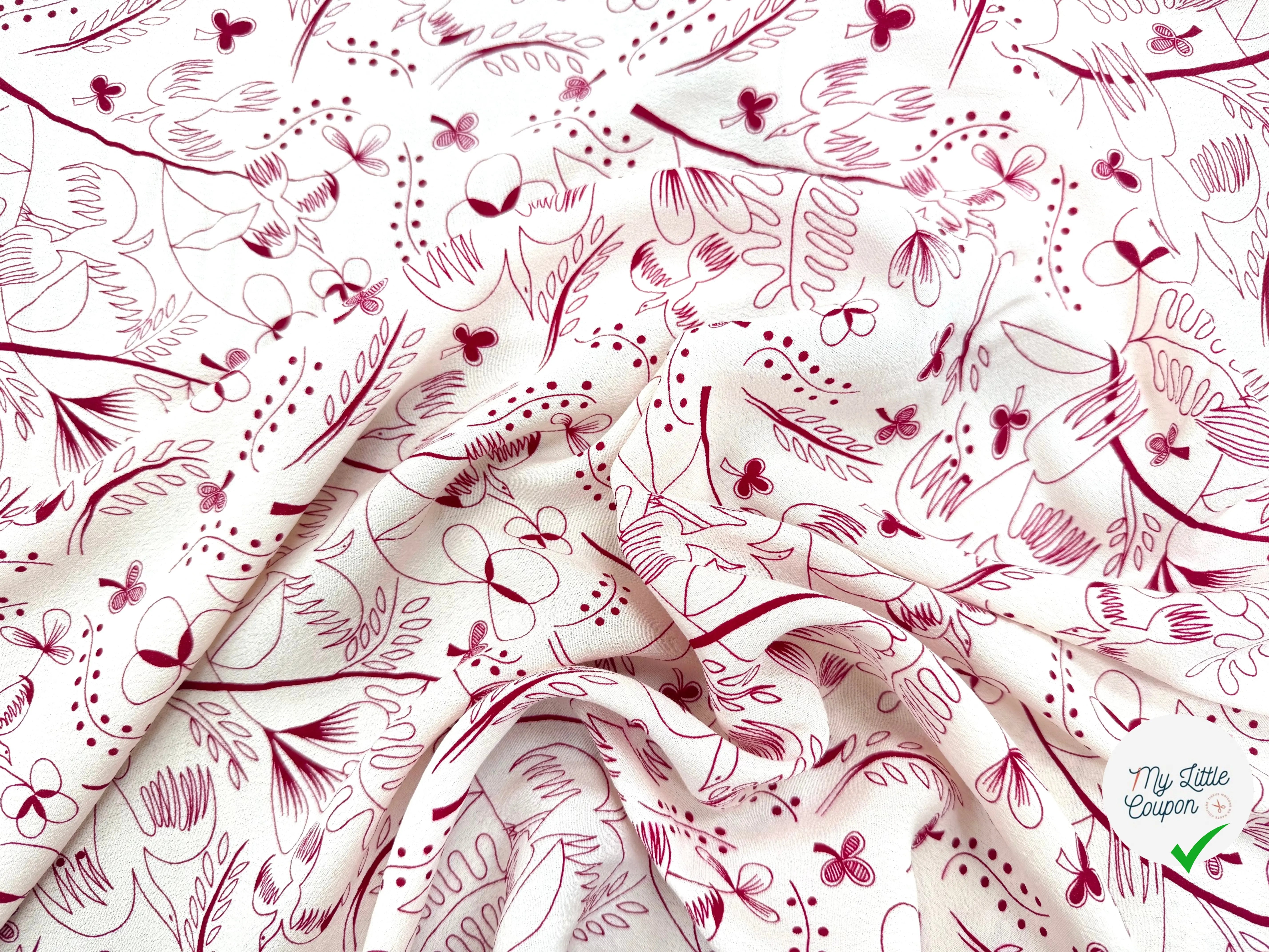 CRÊPE VISCOSE FOND BLANC MOTIFS COLOMBES ET TREFFLES ROSE - My Little Coupon