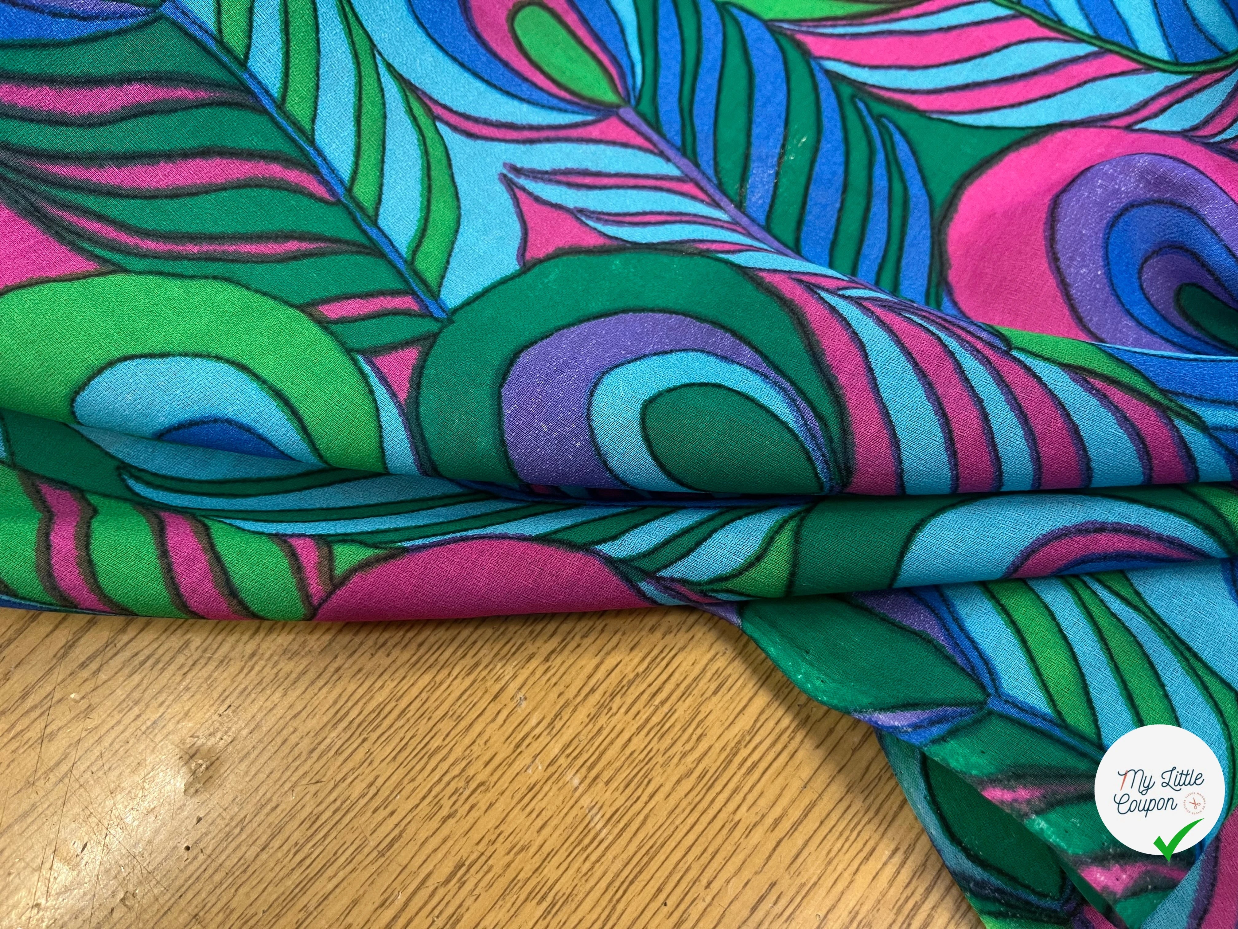 CRÈPE VISCOSE IMPRIMÉ FEUILLAGE VERT BLEU ROSE VIOLET 90CM - My Little Coupon
