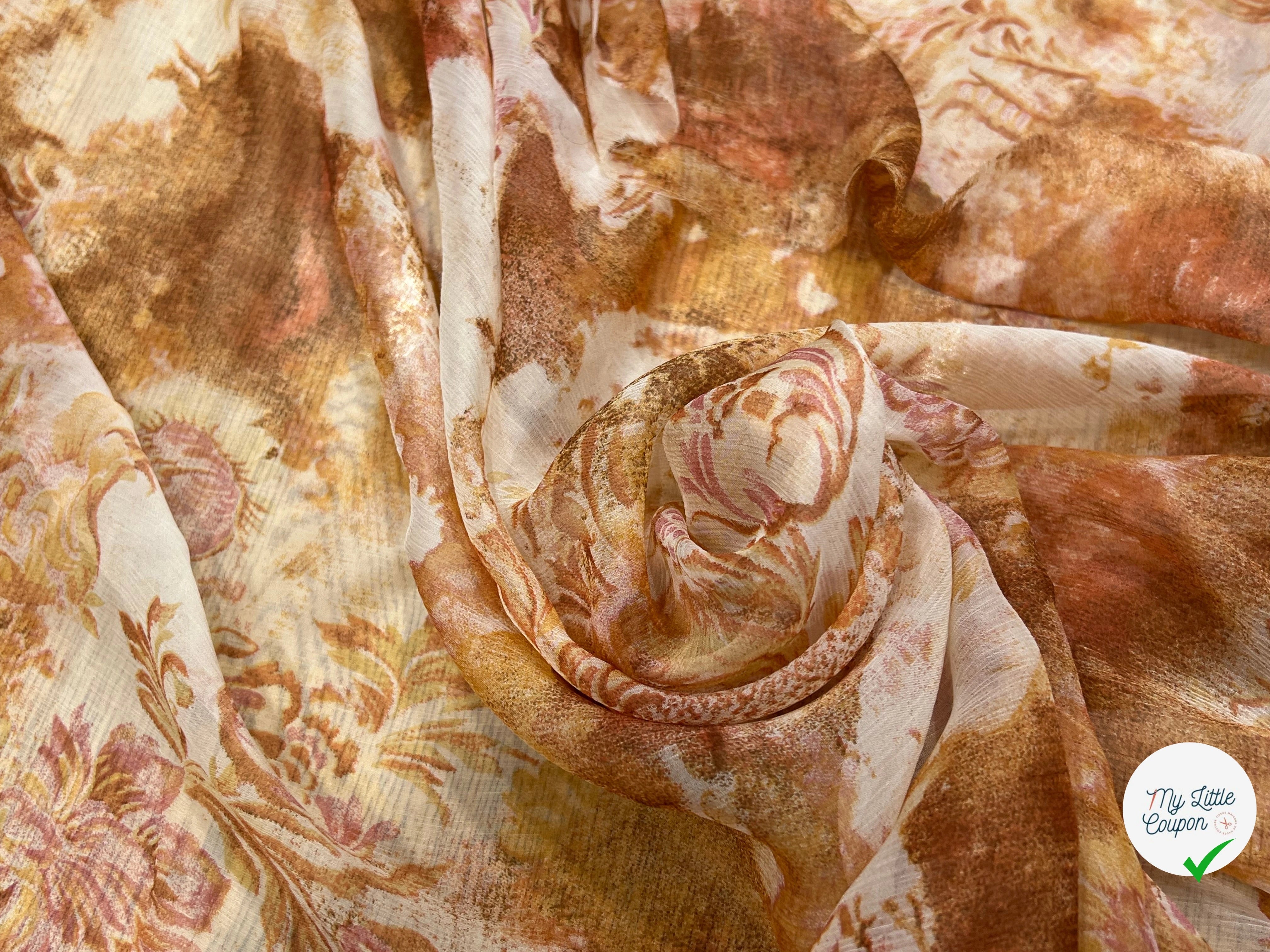 CRÈPON DE SOIE PLISSÉ MOTIF FLORAL BEIGE MARRON - My Little Coupon