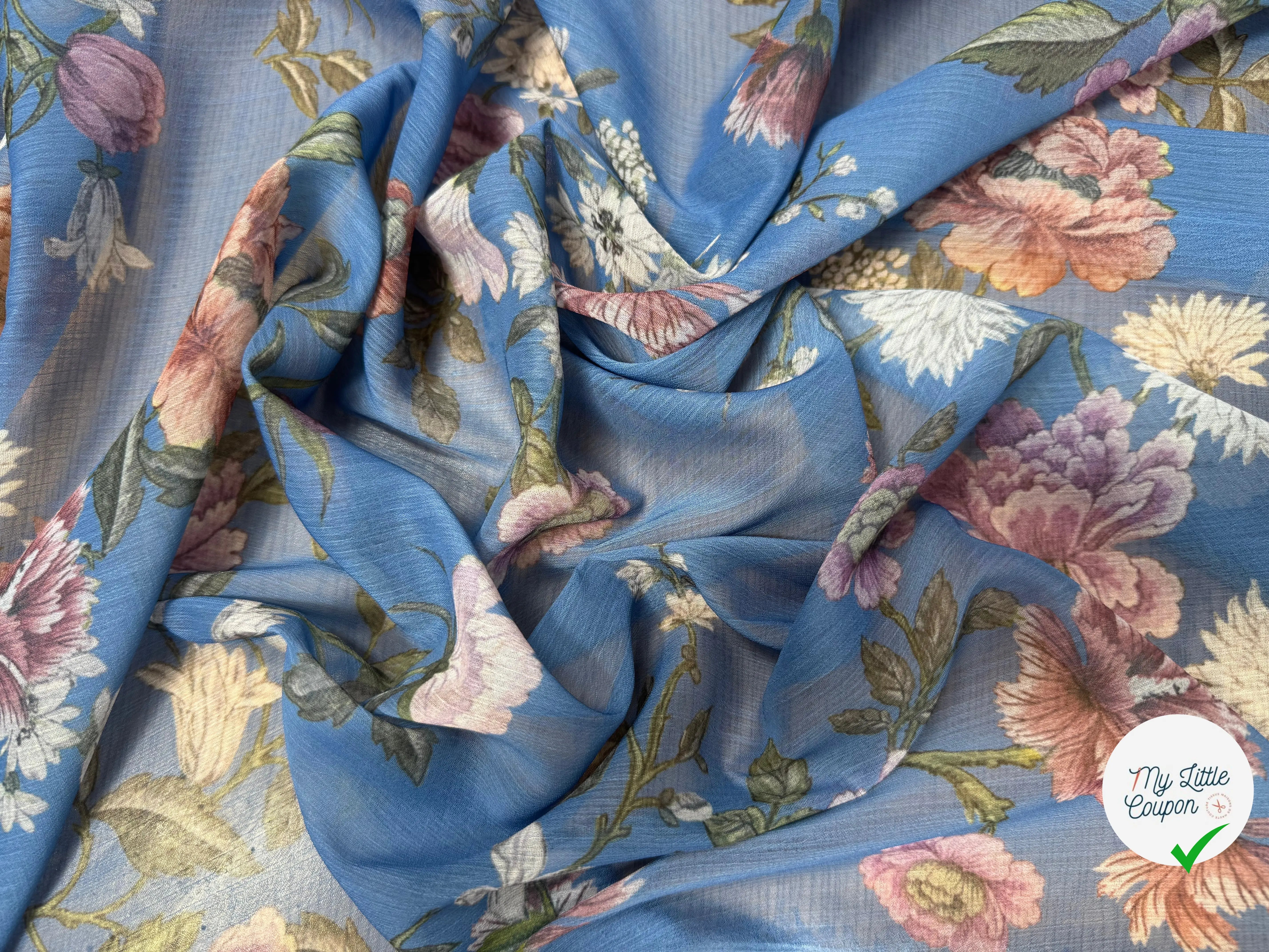 CREPON FOND BLEU MOTIFS FLEURS ROSE ORANGE ET BLANC - My Little Coupon