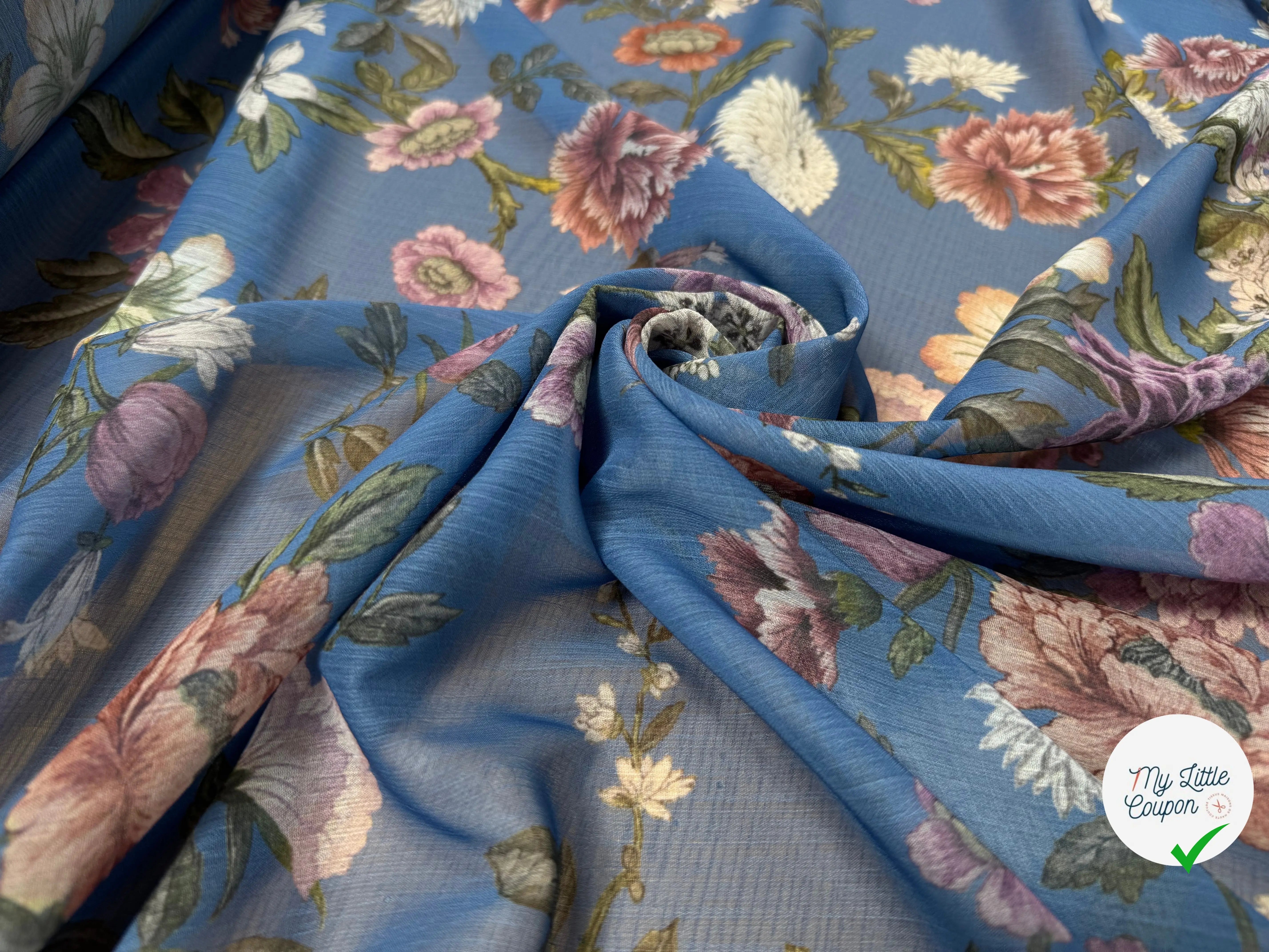 CREPON FOND BLEU MOTIFS FLEURS ROSE ORANGE ET BLANC - My Little Coupon