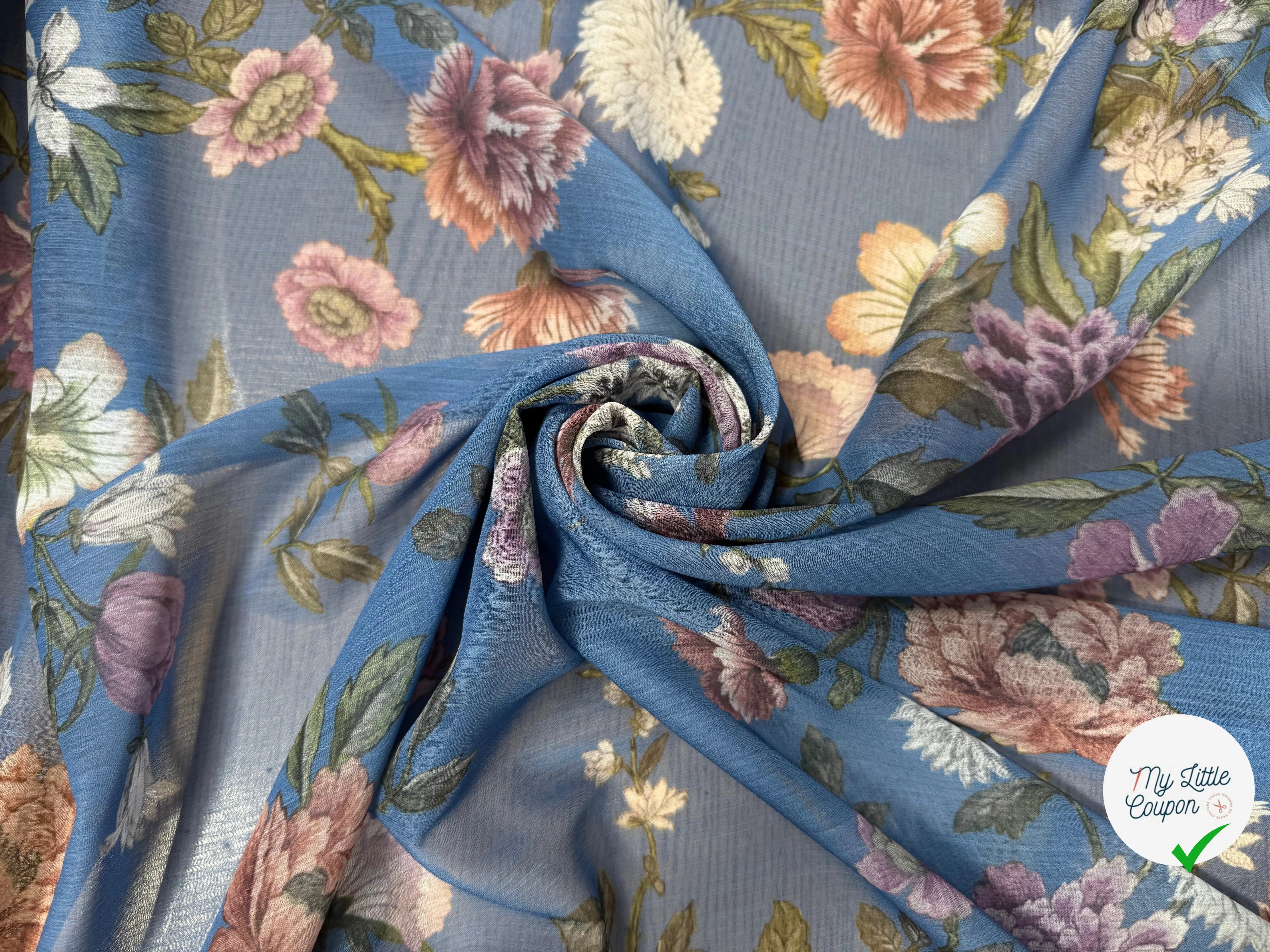 CREPON FOND BLEU MOTIFS FLEURS ROSE ORANGE ET BLANC - My Little Coupon