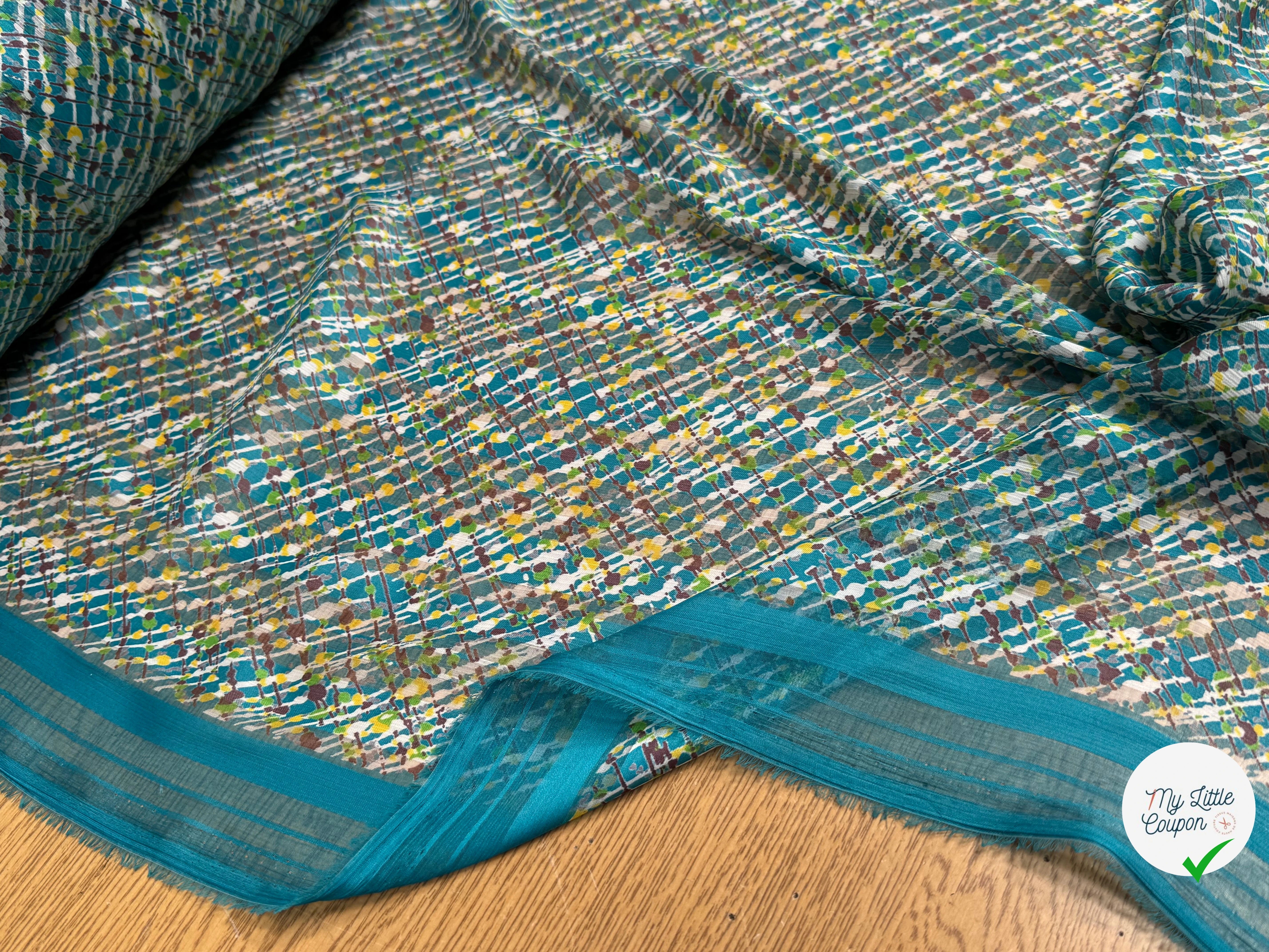 CREPON IMPRIMÉ MULTICOLORES OEUVRE D'ART FOND TURQUOISE - My Little Coupon