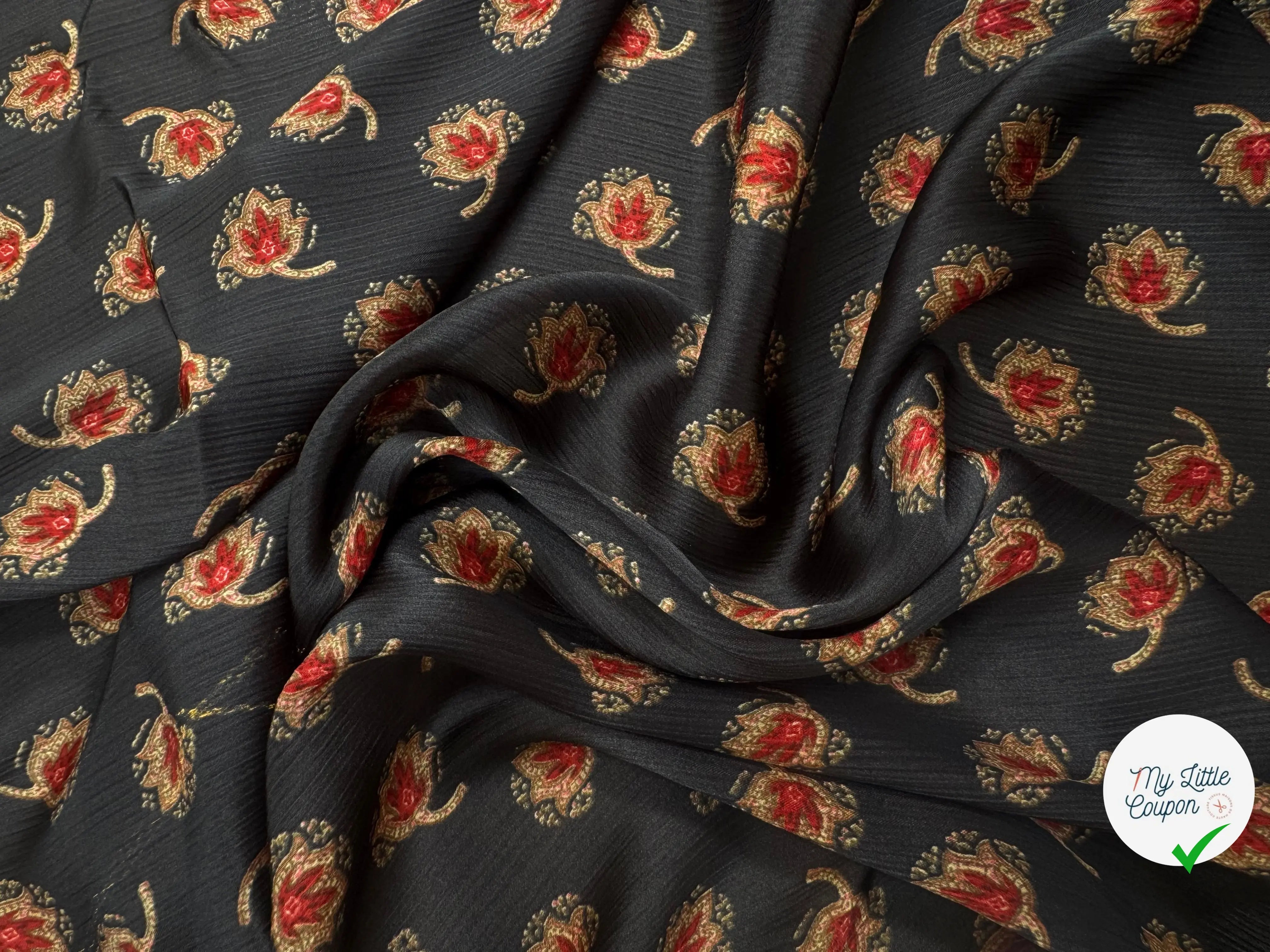 CREPON PLISSÉ FOND NOIR FLEURS ROUGE ET JAUNE - My Little Coupon