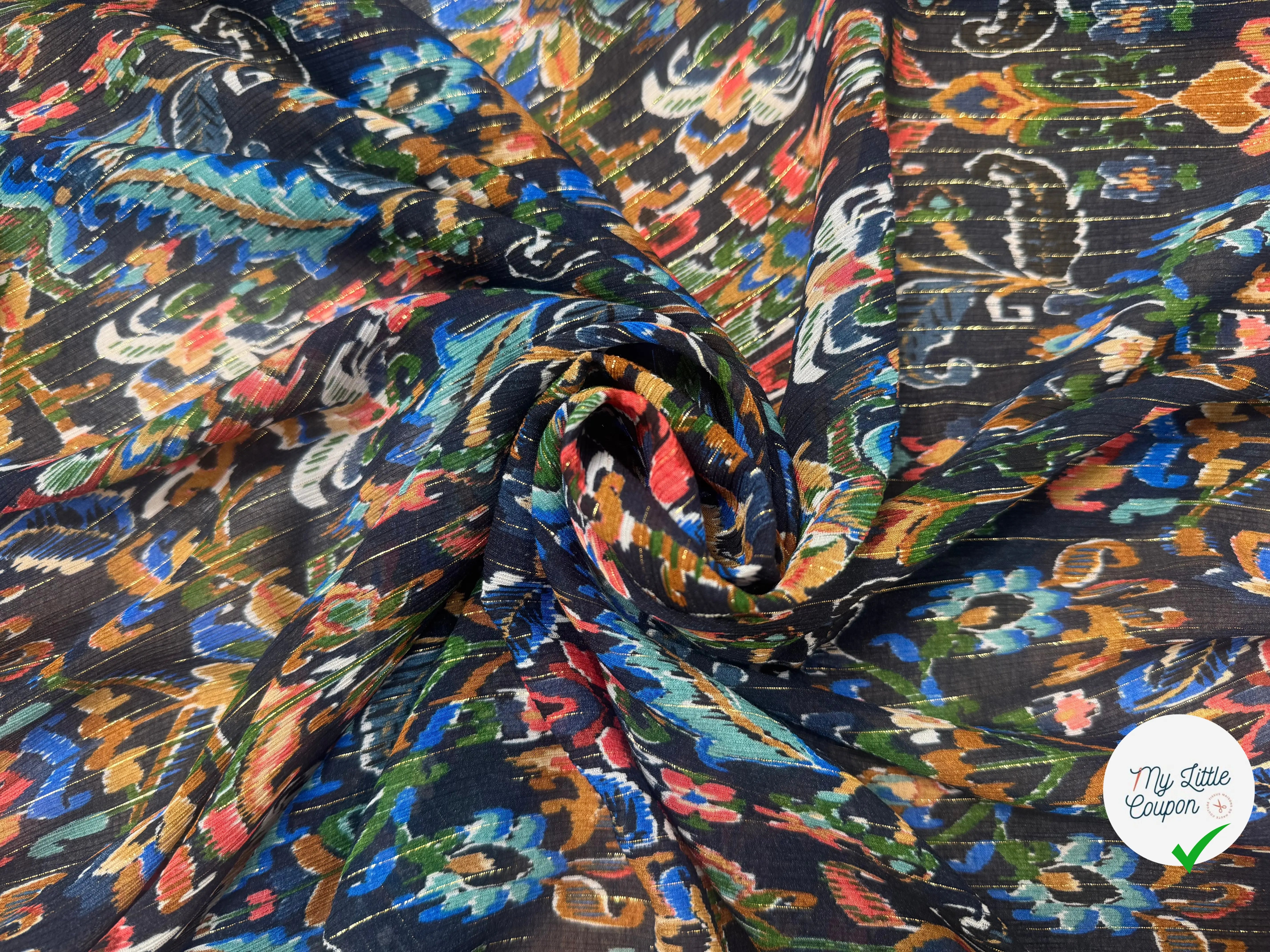 CREPON VISCOSE SOIE PAILÉ MULTICOLORE FOND NOIR RAYÉ - My Little Coupon