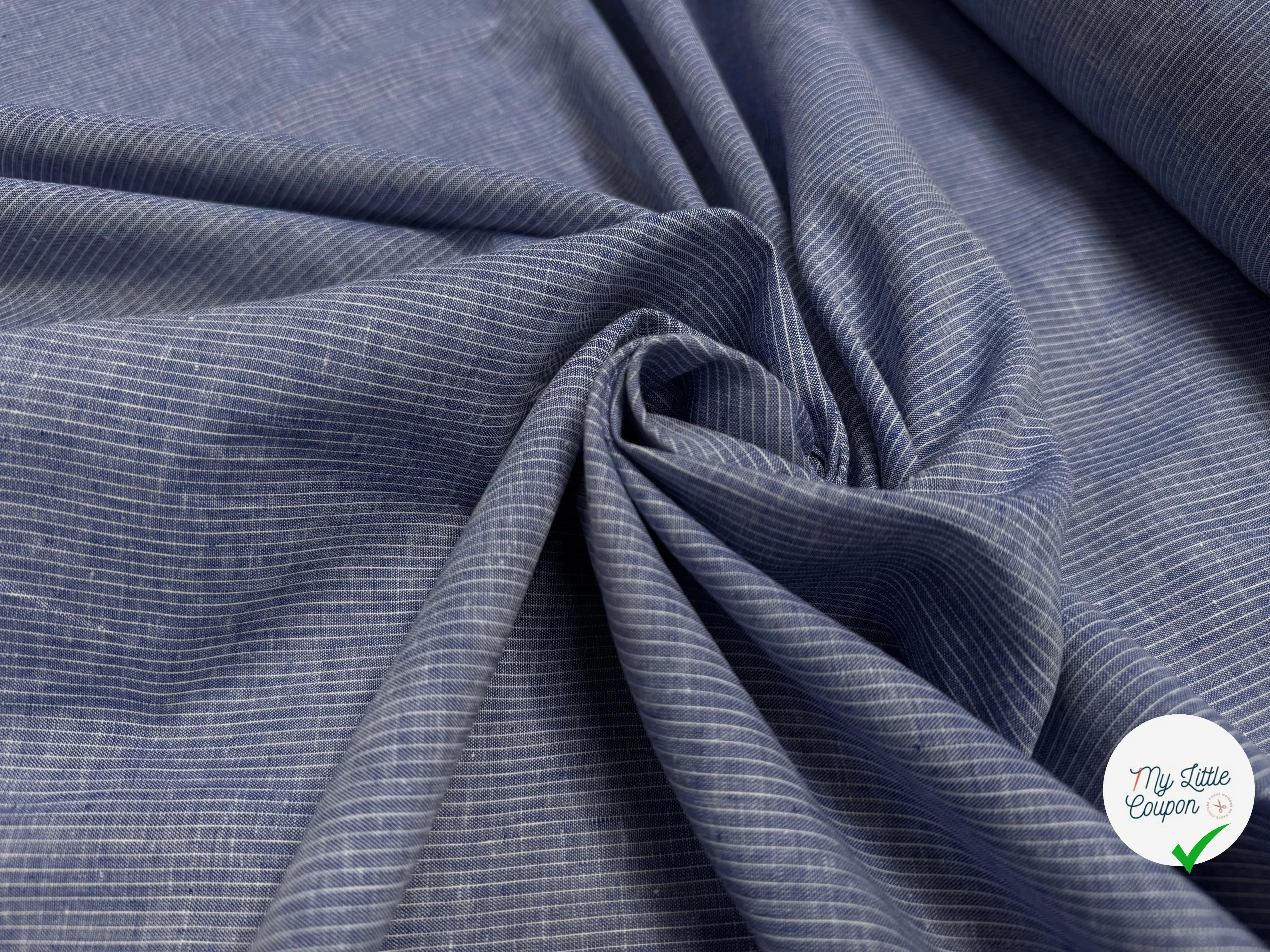 COTON EFFET LIN BLEU FONCÉ LIGNES BLANC - My Little Coupon
