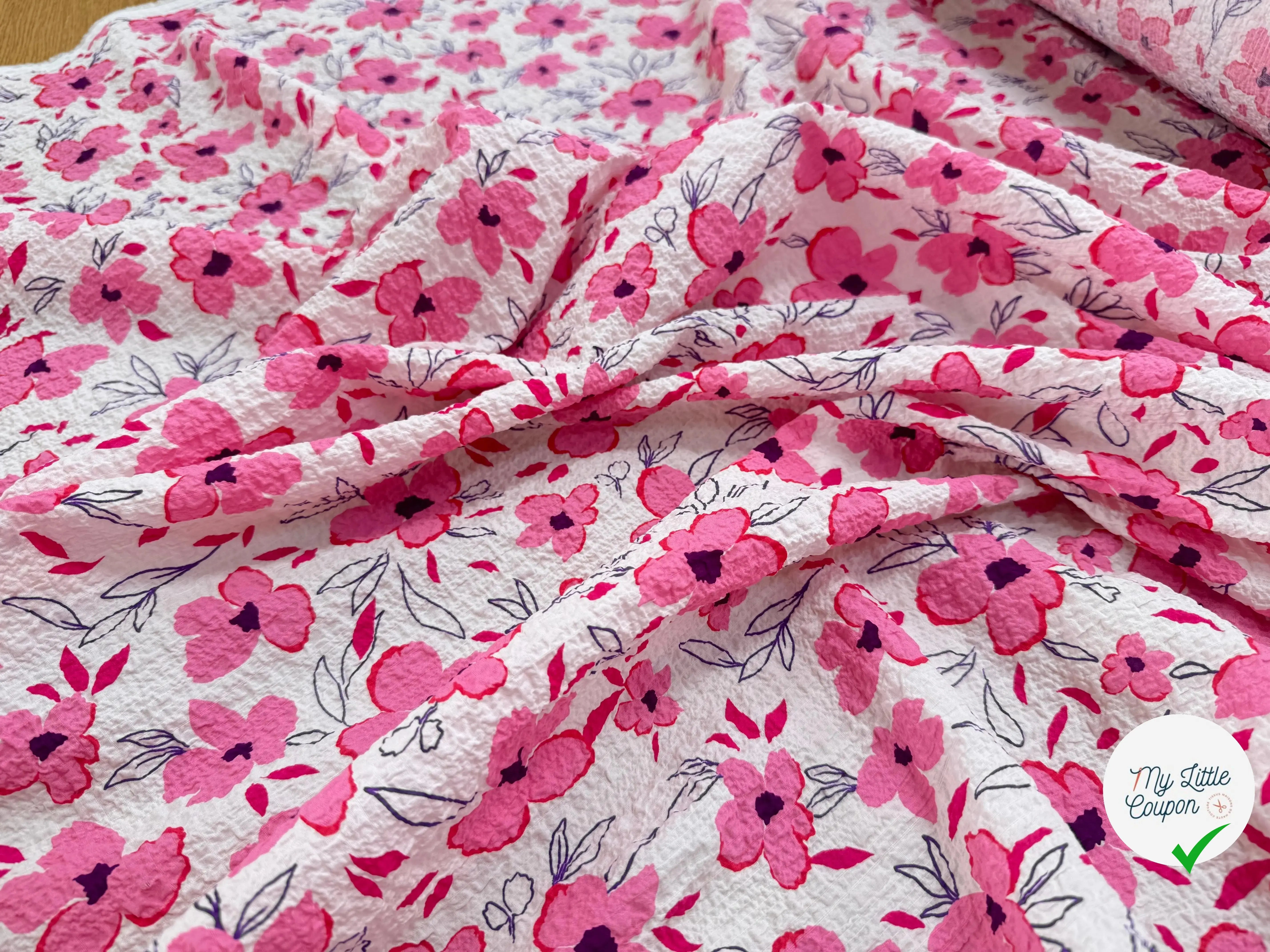 COTON GAUFFRÉ STRECH FLEURS ROSE FOND BLANC - My Little Coupon