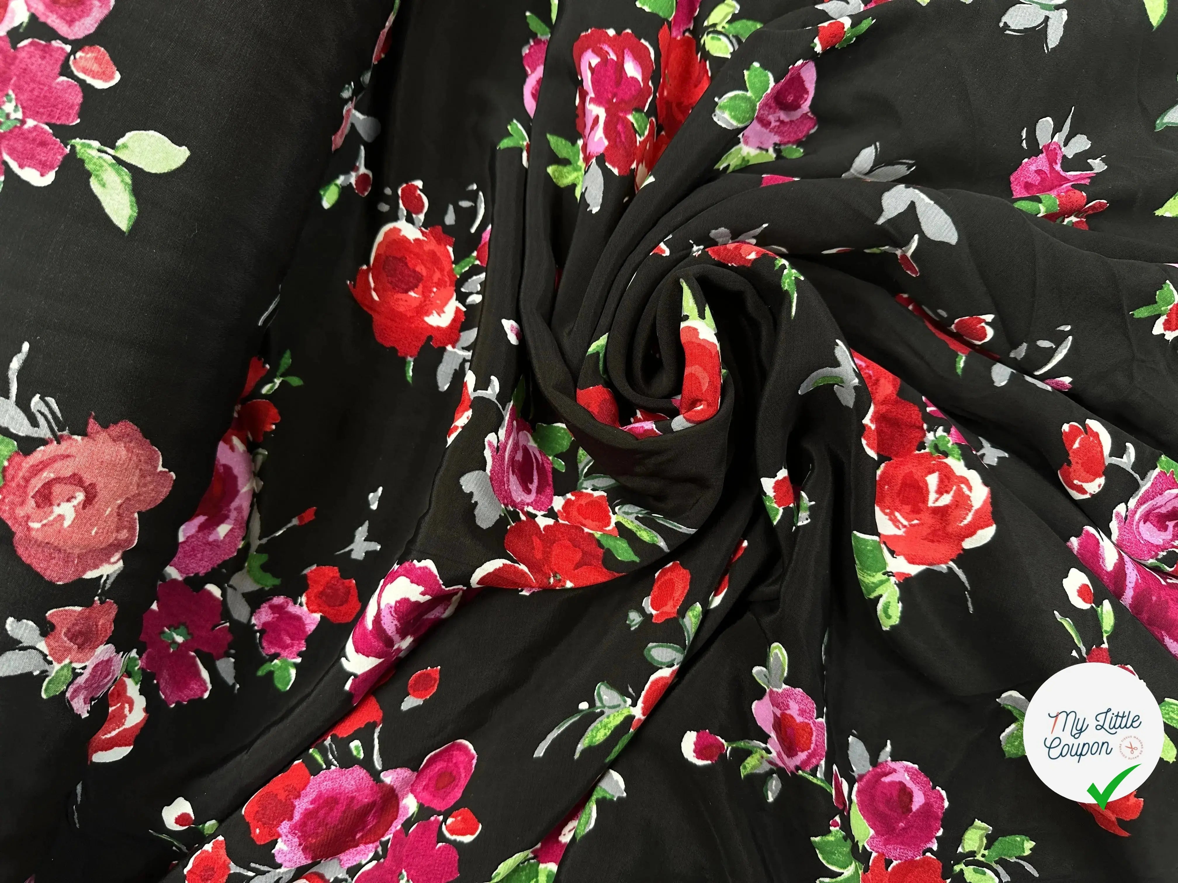 CRÊPE MAROCAIN 100% VISCOSE BOUQUET PASSIONNÉ FOND NOIR MLC INTERN