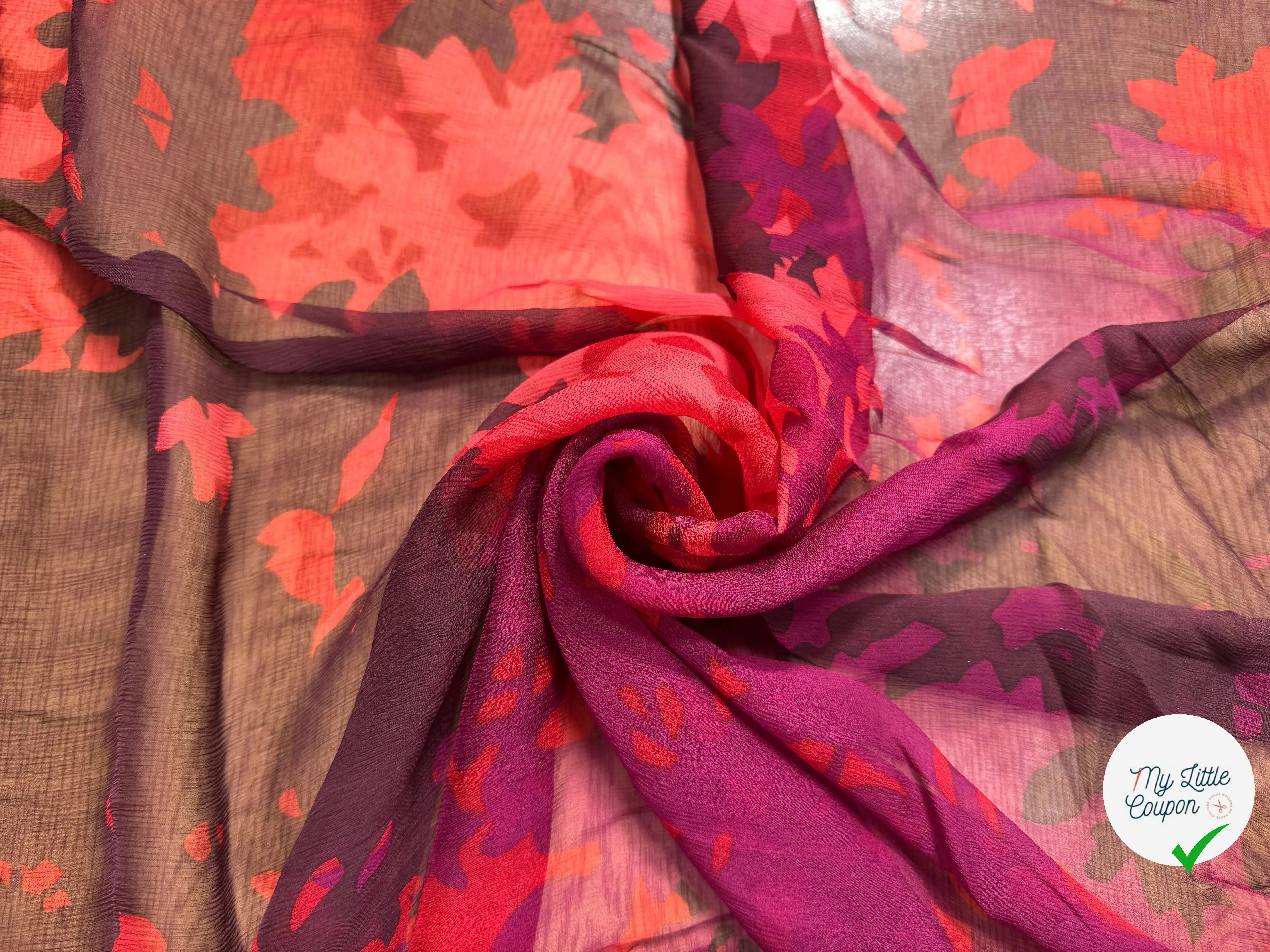 CRÉPON DE SOIE VIOLET ROUGE, NOIR MOTIFS FEUILLAGES - My Little Coupon
