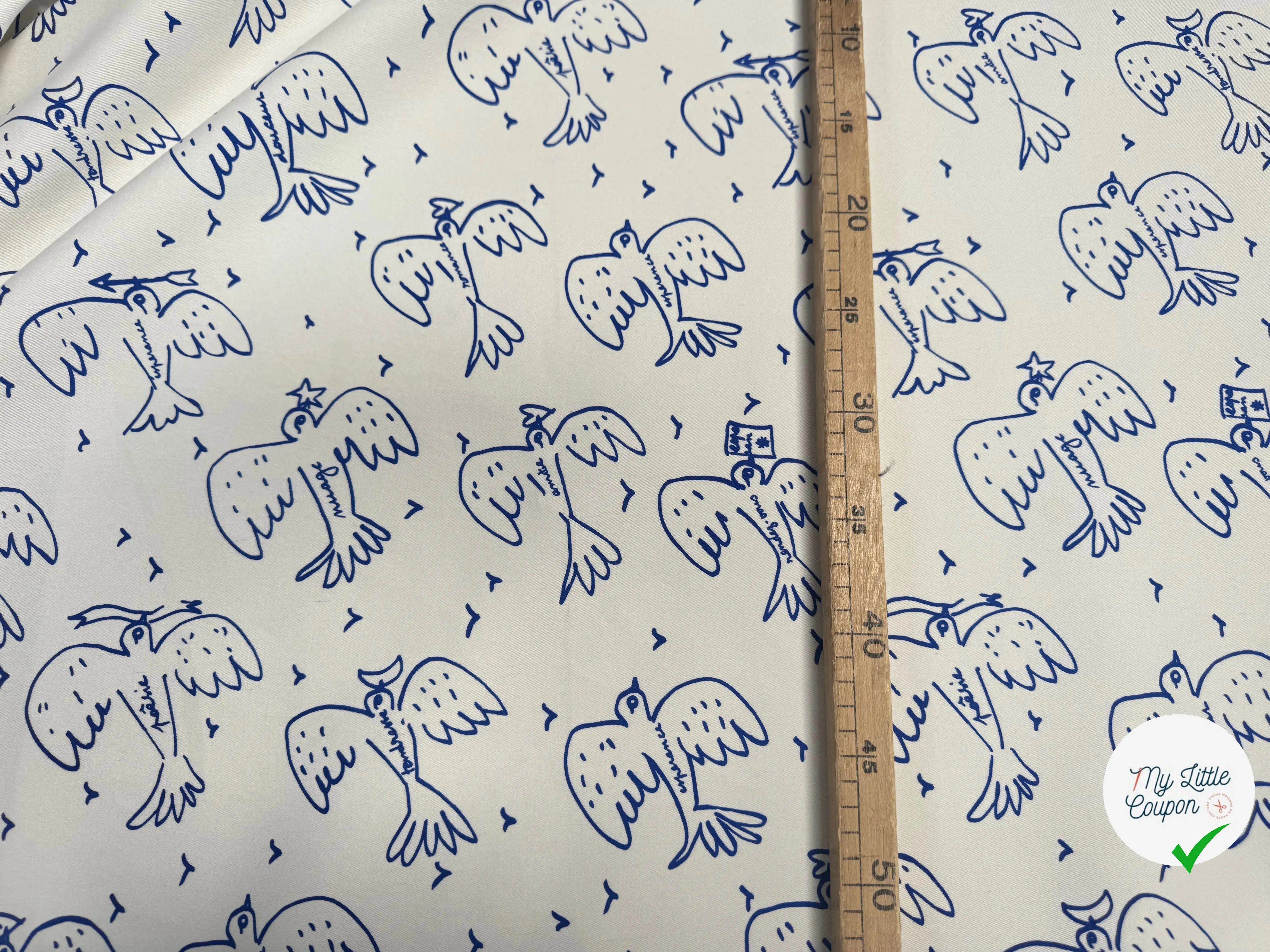 GABARDINE STRETCH DE COTON BLANC CASSÉ OISEAU BLEU - My Little Coupon