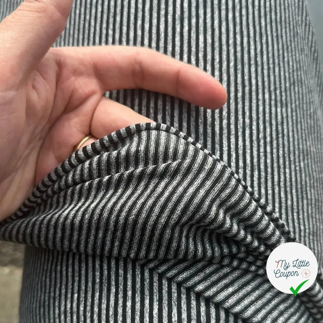 JERSEY DE COTON GRIS CHINÉ STRIPES NOIRES HORIZONTALES - My Little Coupon