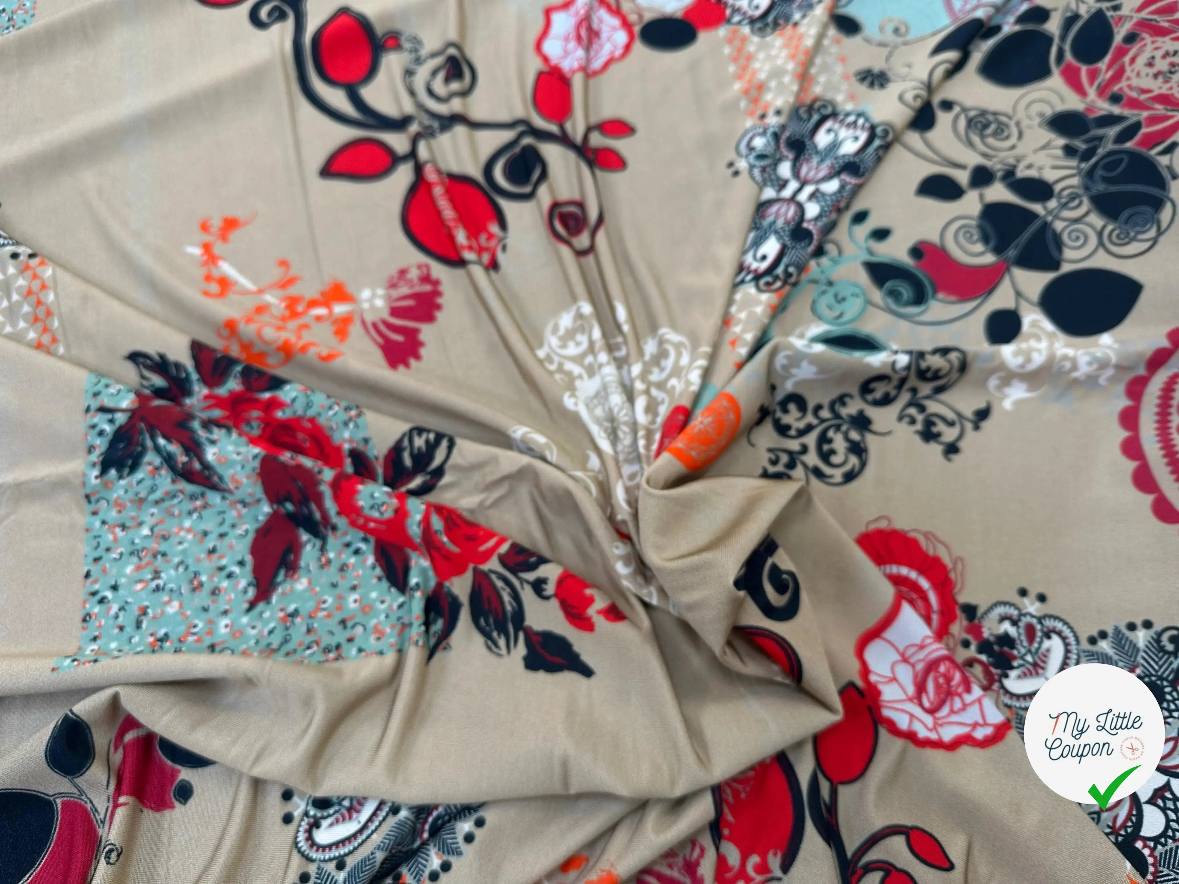 JERSEY VISCOSE FLEURS DE BEIGE ARABESQUE - My Little Coupon