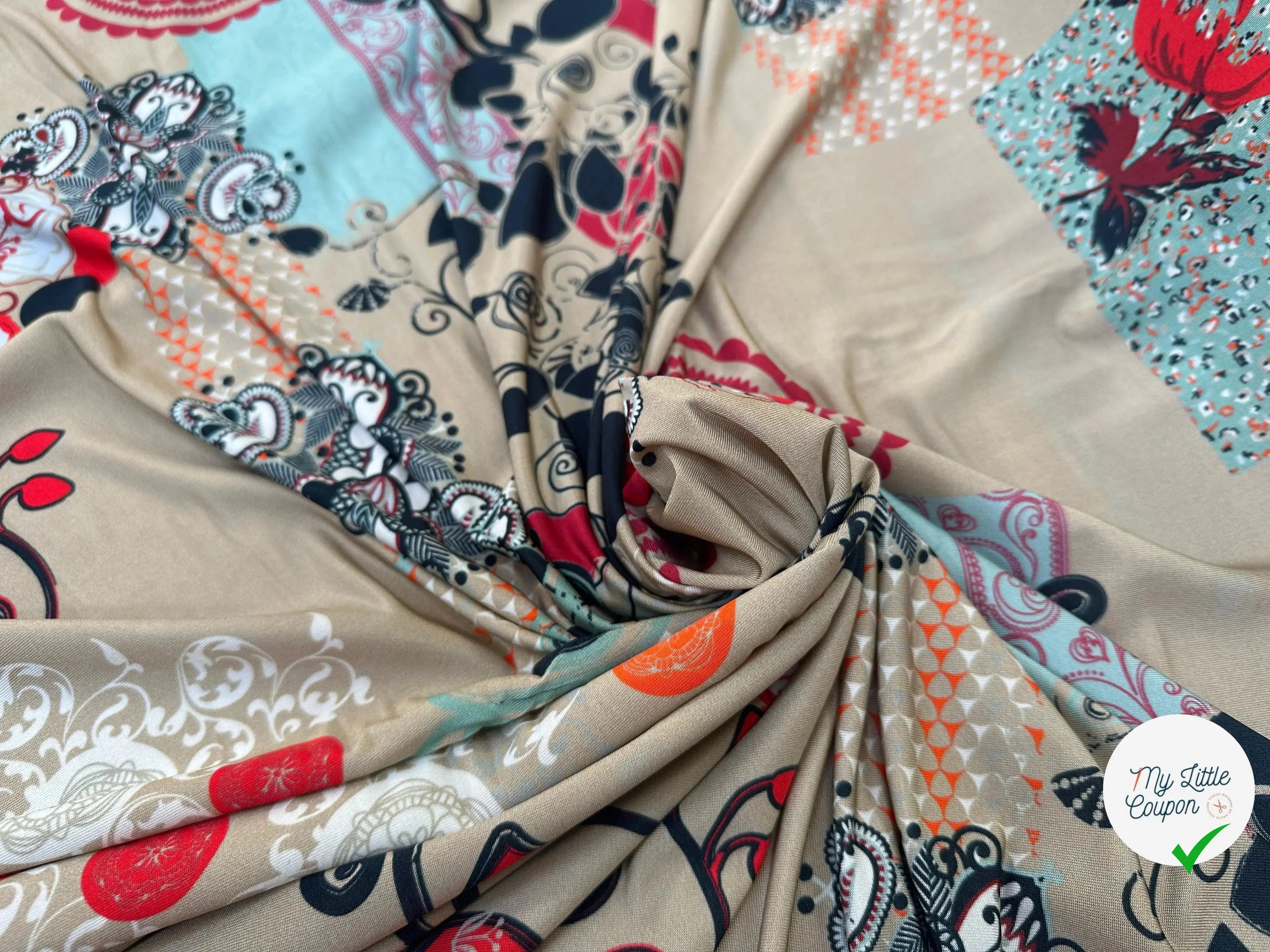 JERSEY VISCOSE FLEURS DE BEIGE ARABESQUE - My Little Coupon