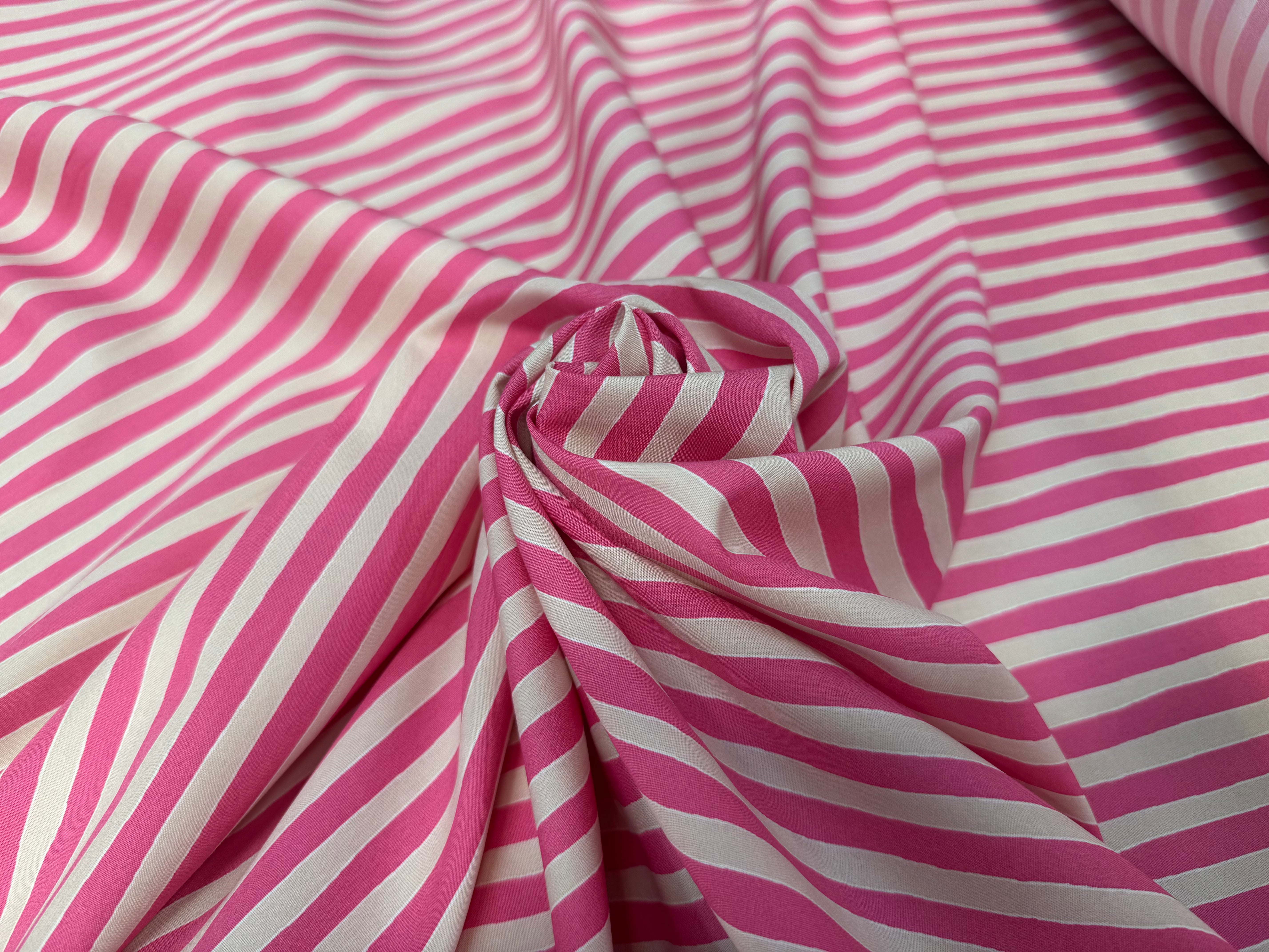 POPELINE DE COTON A RAYURES ROSE ET CREME - My Little Coupon