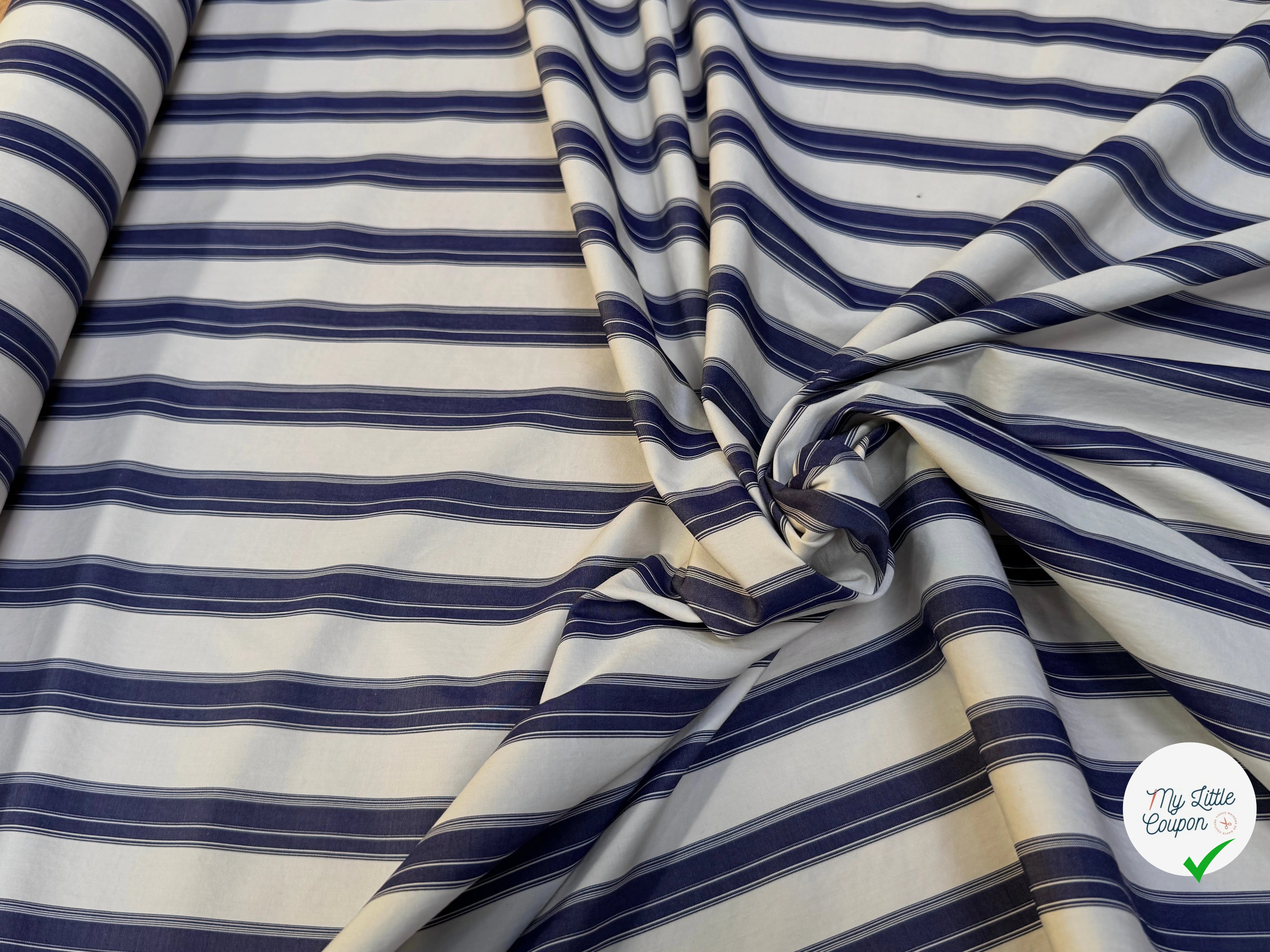 (Chute) POPELINE DE COTON GROSSE RAYURE NAVY BLANC - My Little Coupon