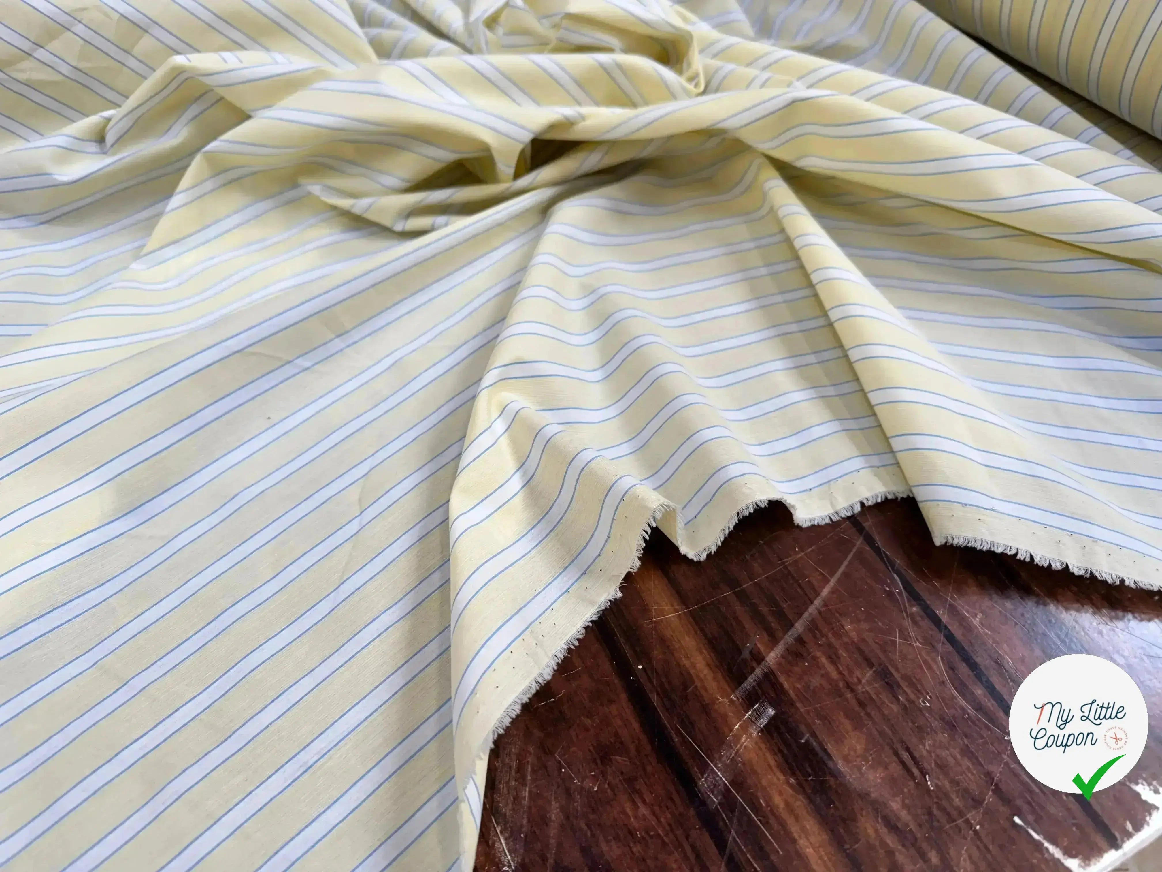 POPELINE DE COTON JAUNE À RAYURES BLANCHES ET BLEU - My Little Coupon