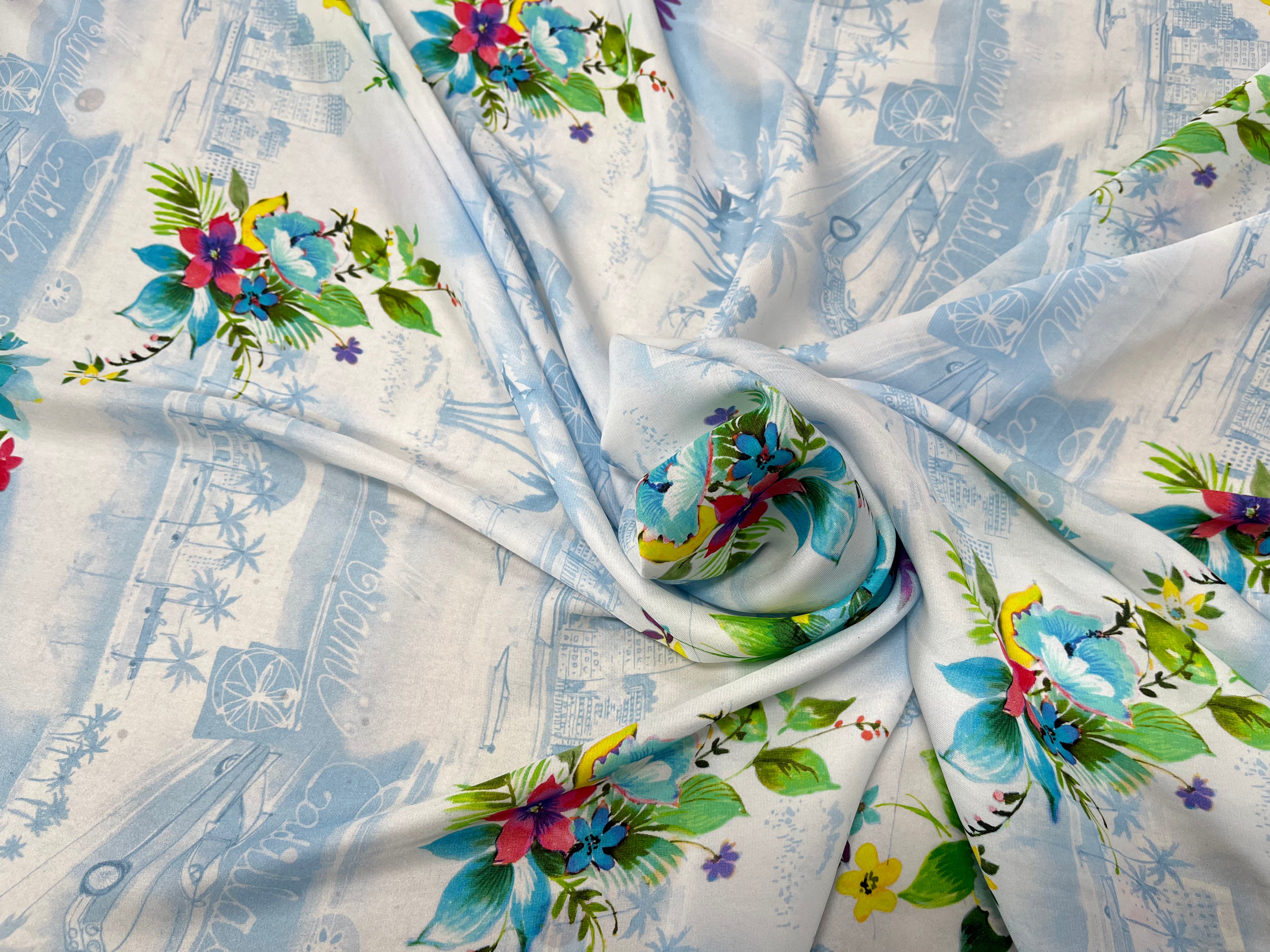 SATIN FLEURS AND CITY IMPRIMÉ TENDANCE BLEU - My Little Coupon