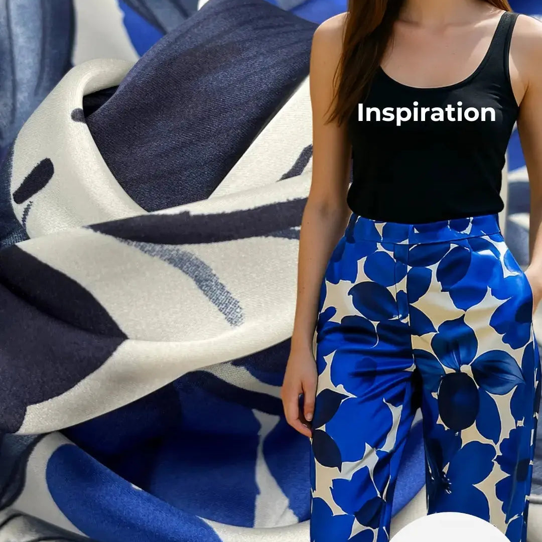 SATIN FOND BLANC MOTIFS GROSSES FLEURS BLEU - My Little Coupon