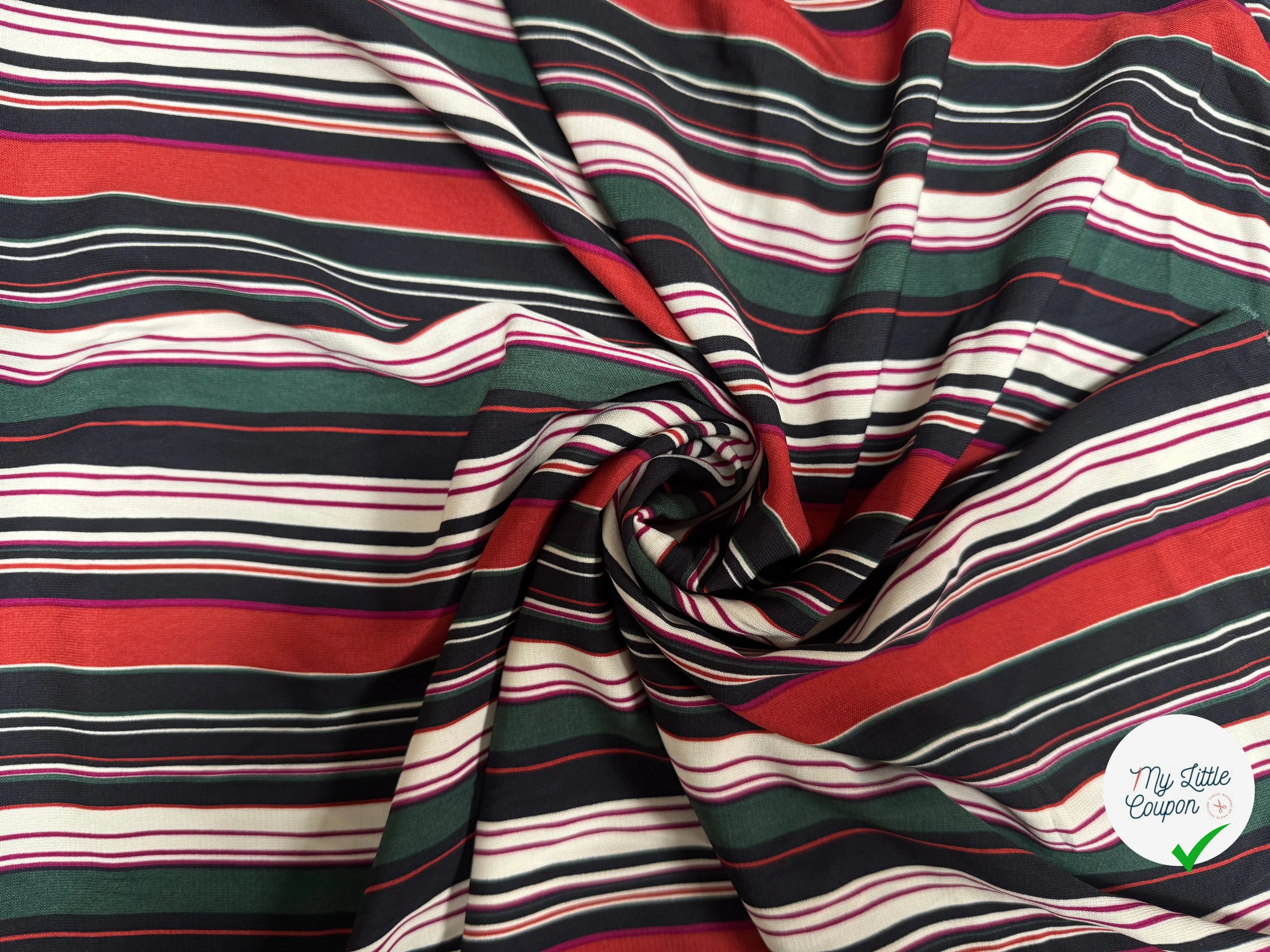 (Chute) TISSU FLUIDE À MOTIFS RAYURES BLANC VERT NOIR ET ROUGE - My Little Coupon