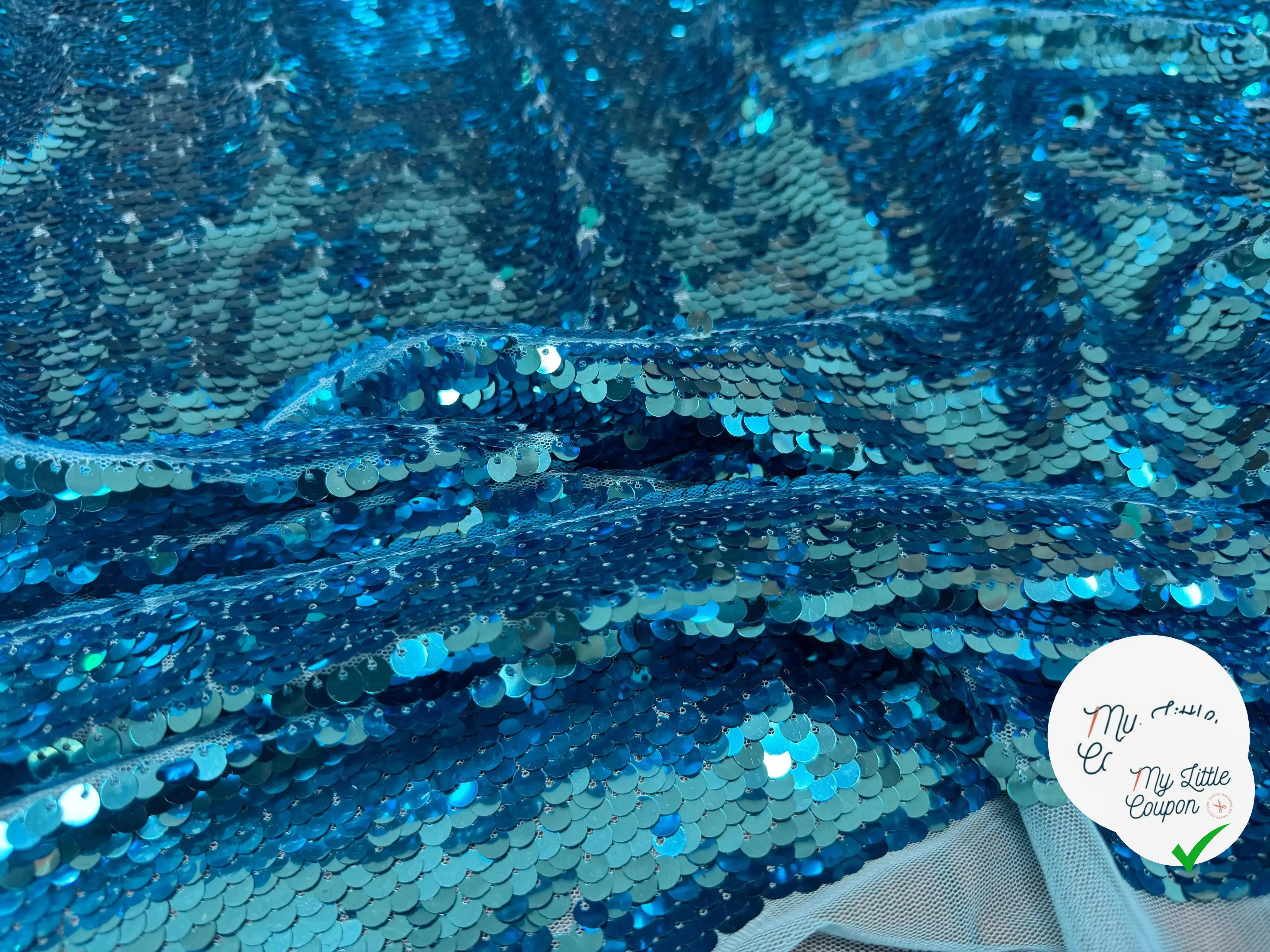 TISSU SEQUIN PAILLETTES SUR TULLE TURQUOISE - My Little Coupon