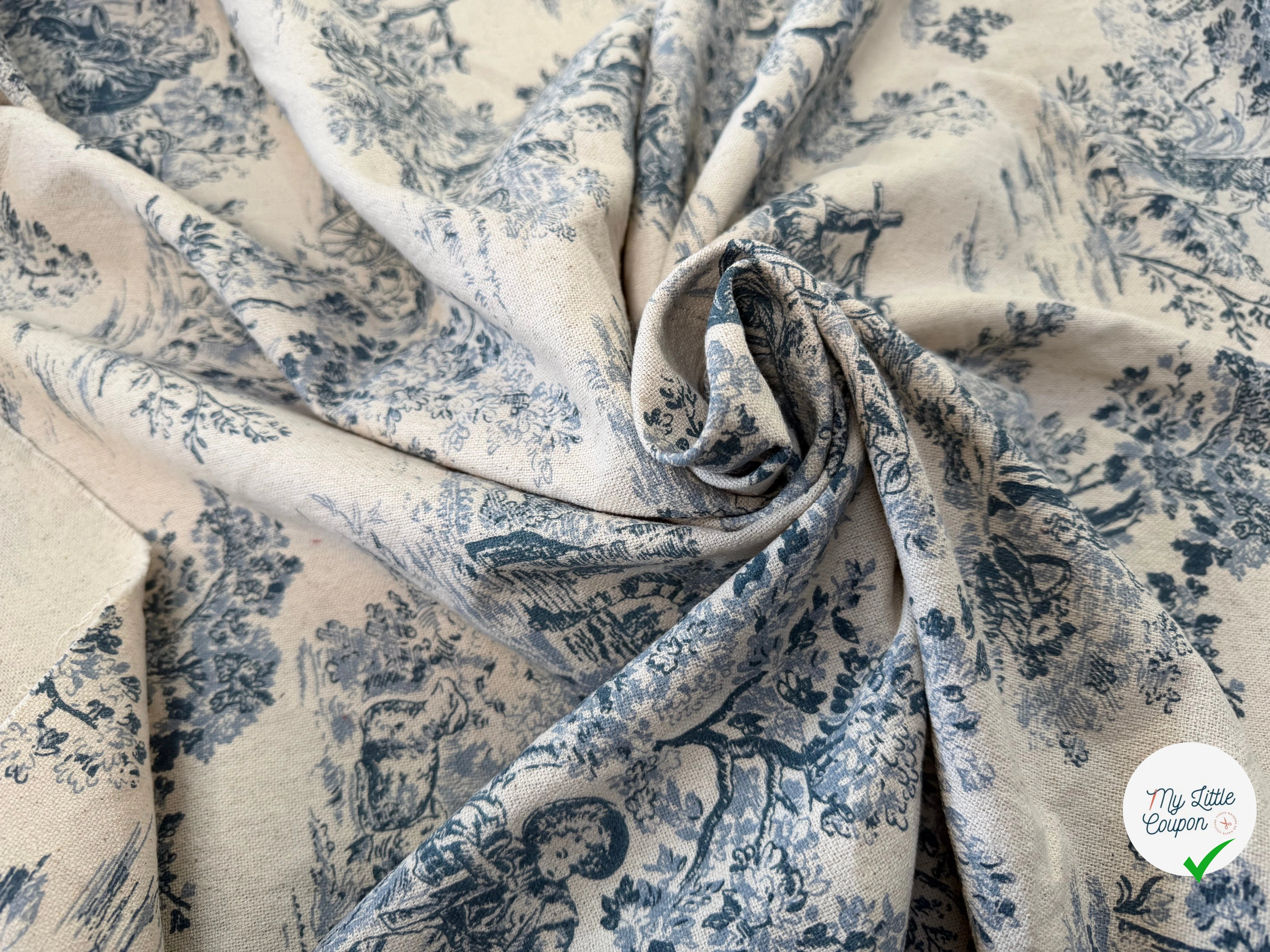 TOILE COTON GABRIELLE EFFET LIN BLEU - My Little Coupon