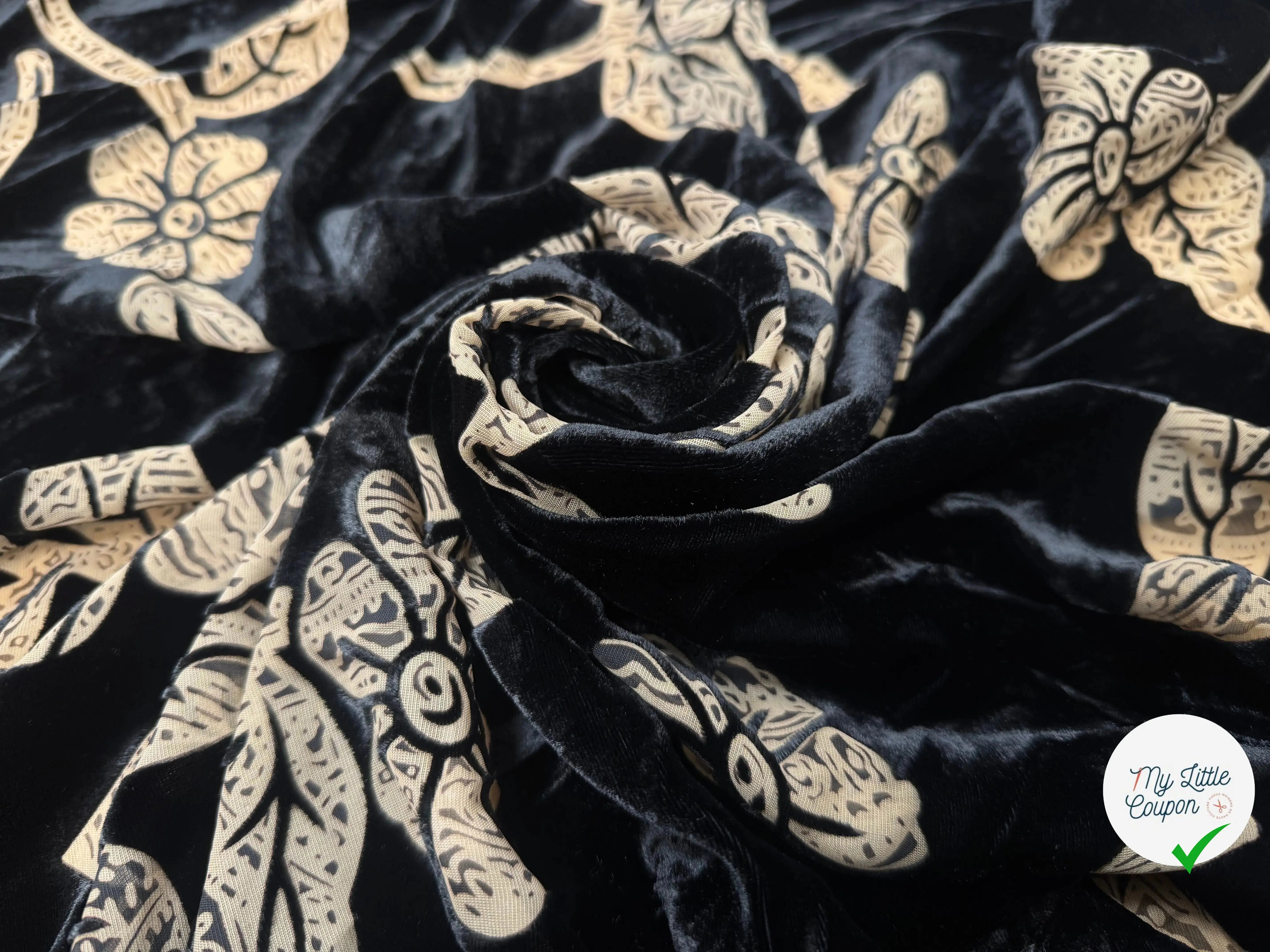 VELOURS DE SOIE DÉVORÉ NOIR AVEC MOTIFS FLEUR TRANSPARENT - My Little Coupon