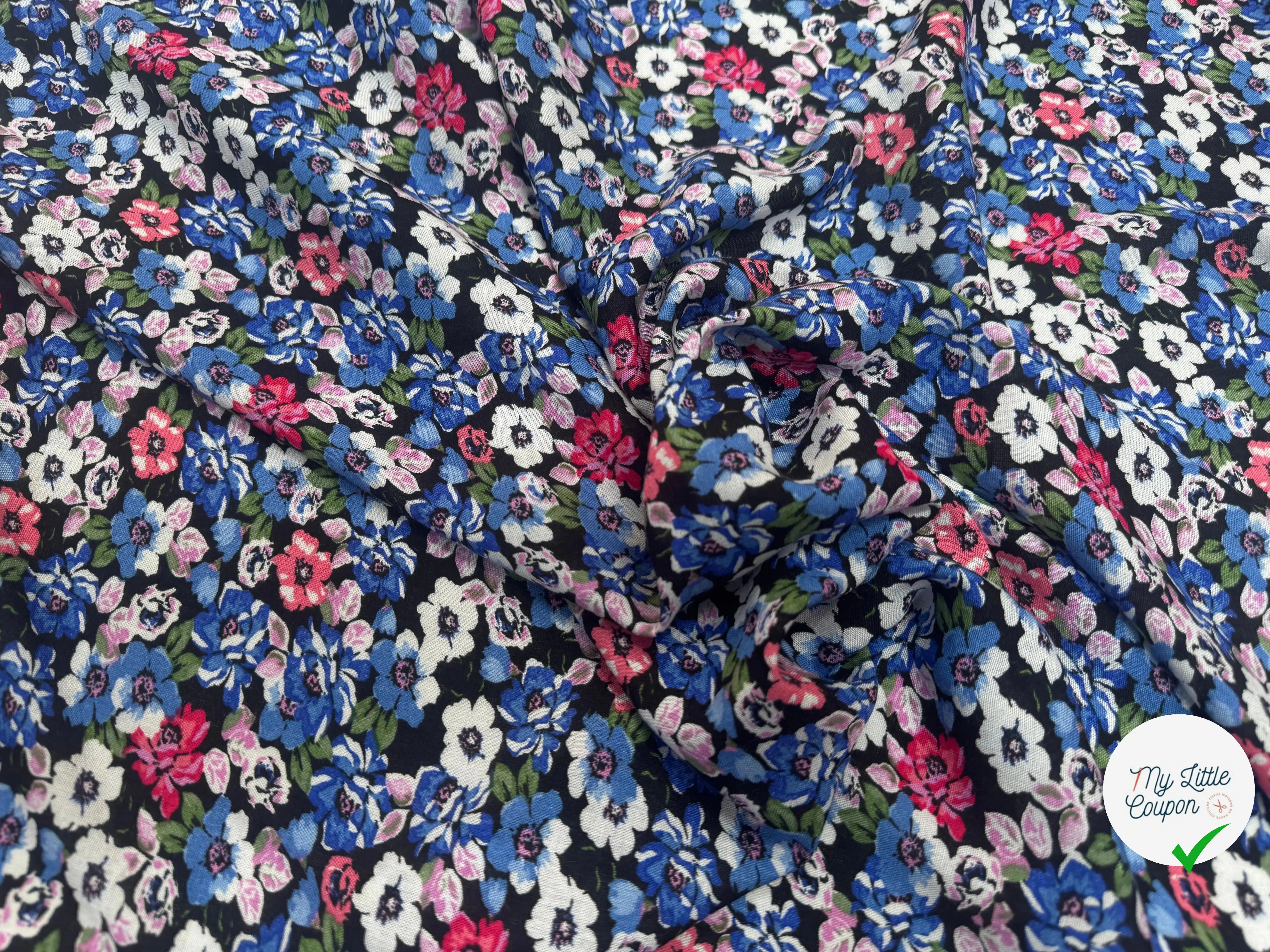 VISCOSE À MOTIFS FLORAUX ROSES ET BLEUES - My Little Coupon