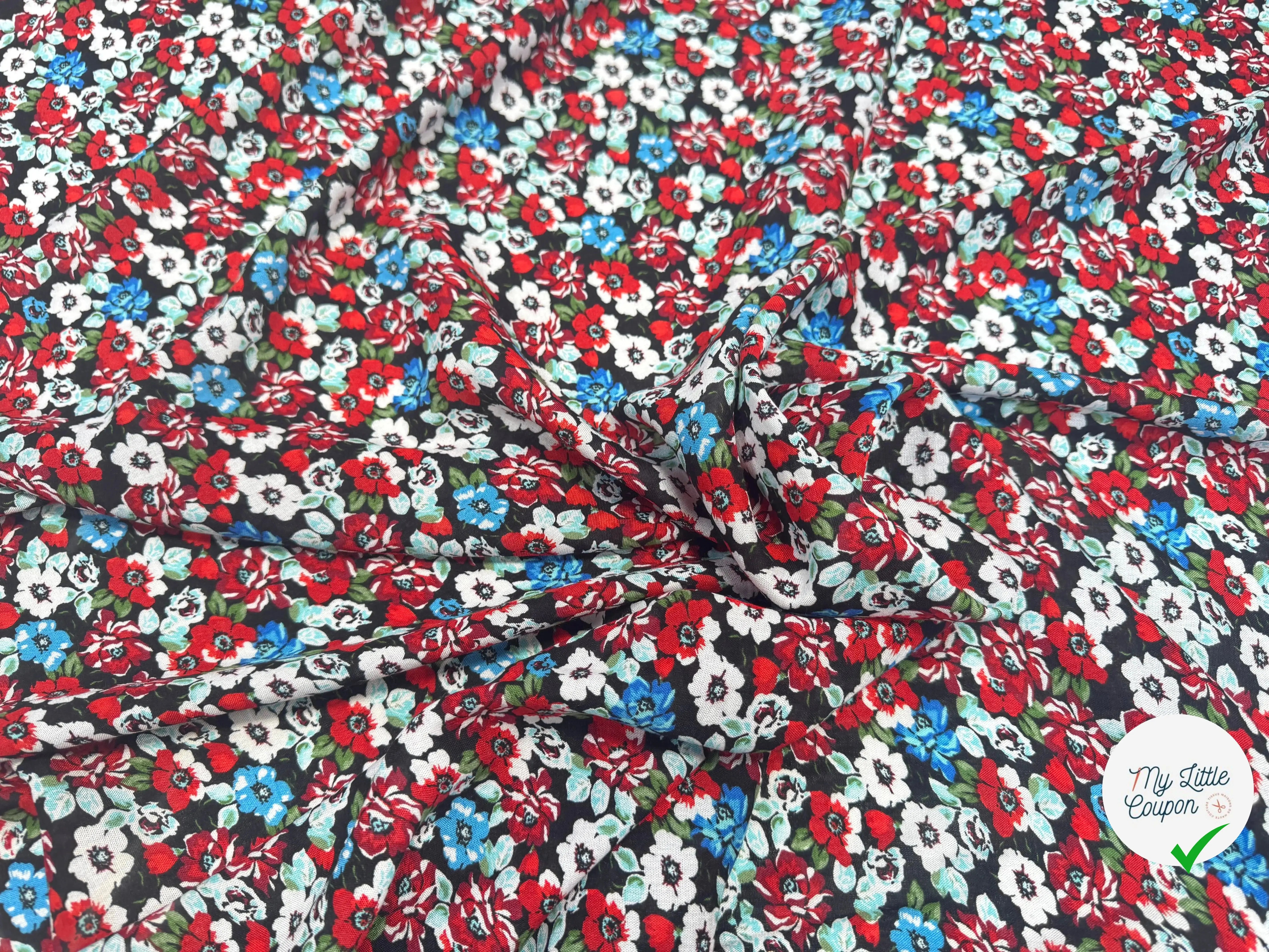 VISCOSE À MOTIFS FLORAUX ROUGES ET BLEUES - My Little Coupon