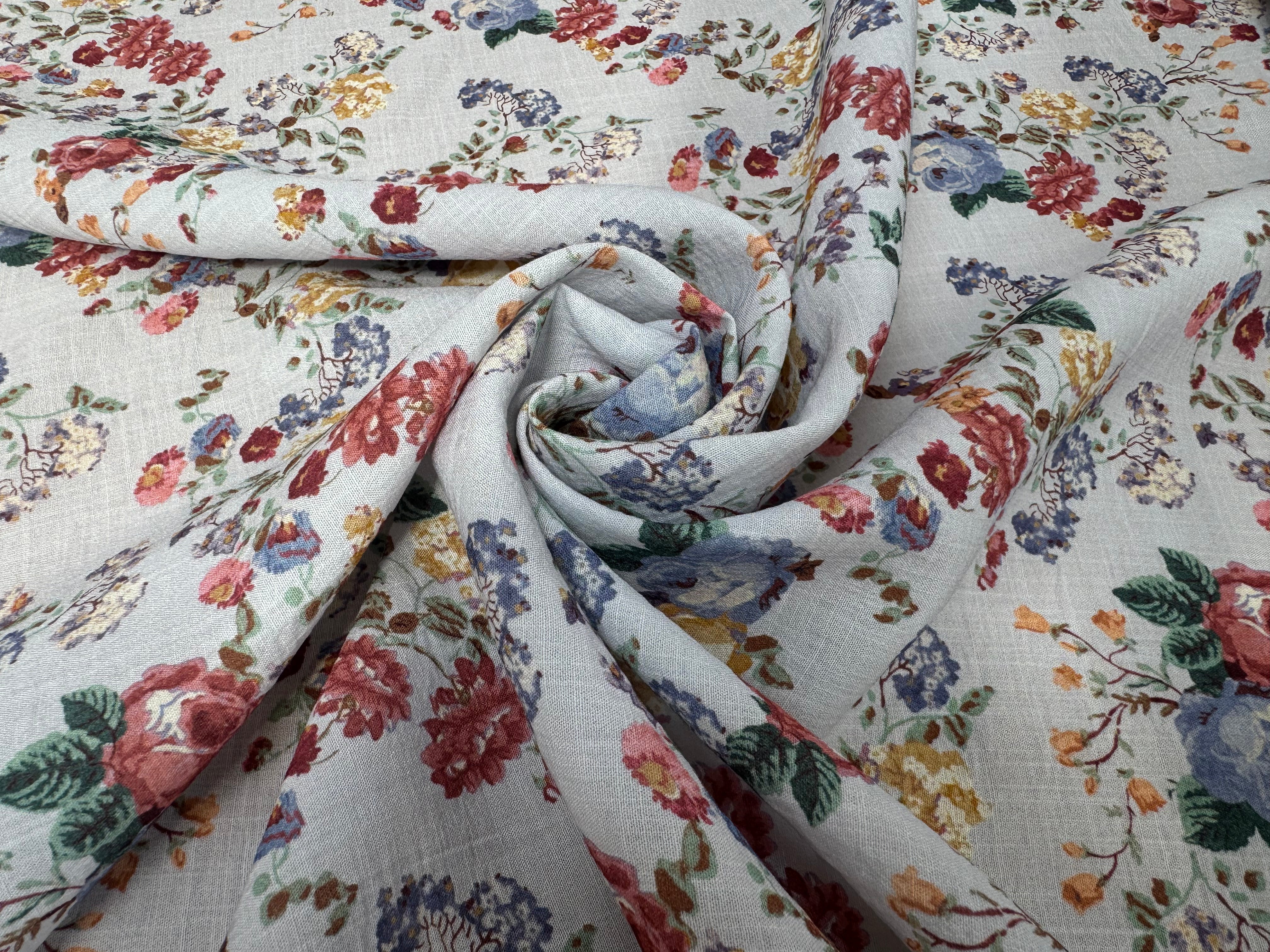 VISCOSE EFFET LIN FOND BLEU MOTIFS FLEURS - My Little Coupon