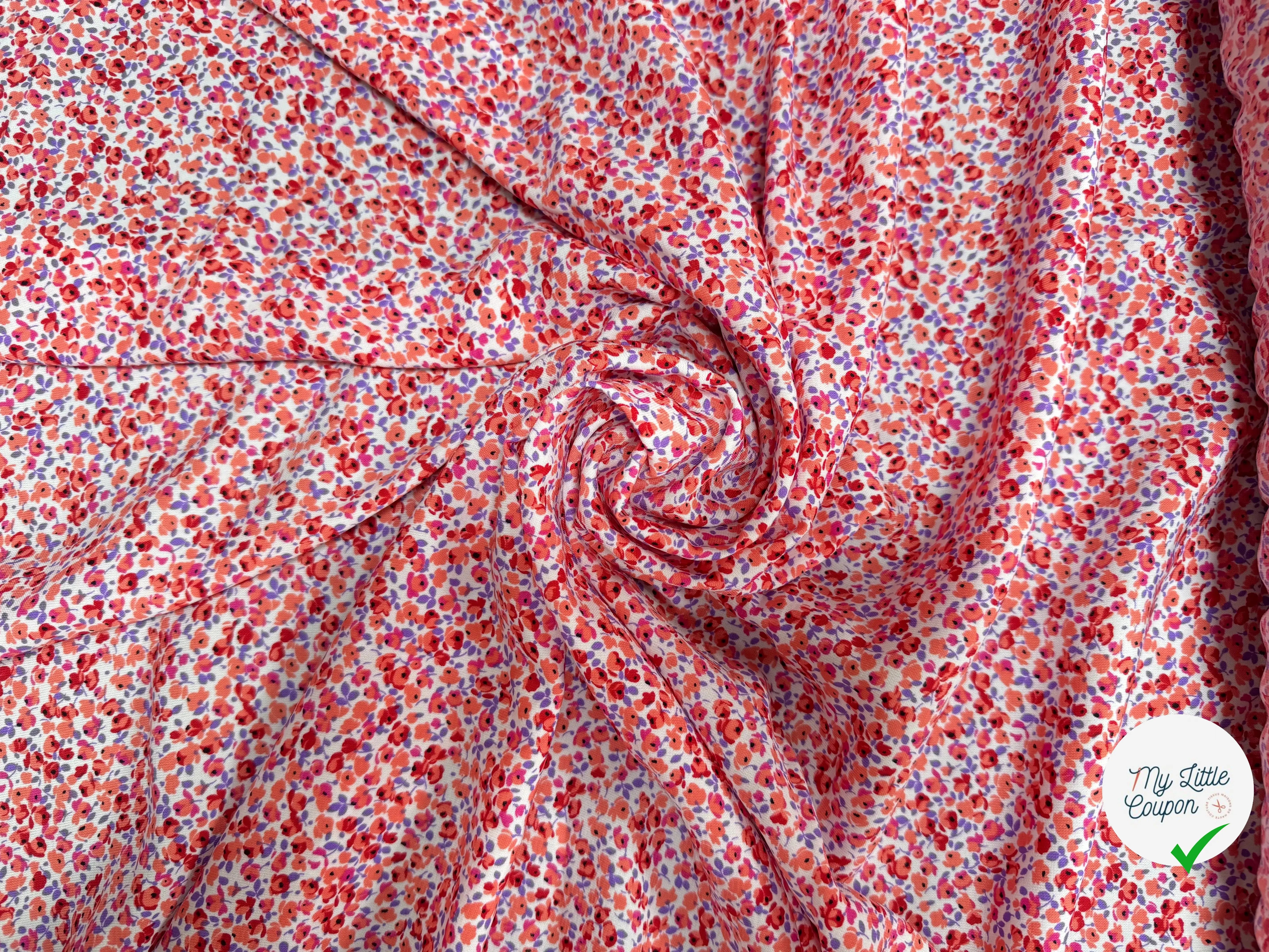 VISCOSE IMPRIMÉ MOTIF PETITES FLEURS ORANGE ROUGE VIOLET - My Little Coupon