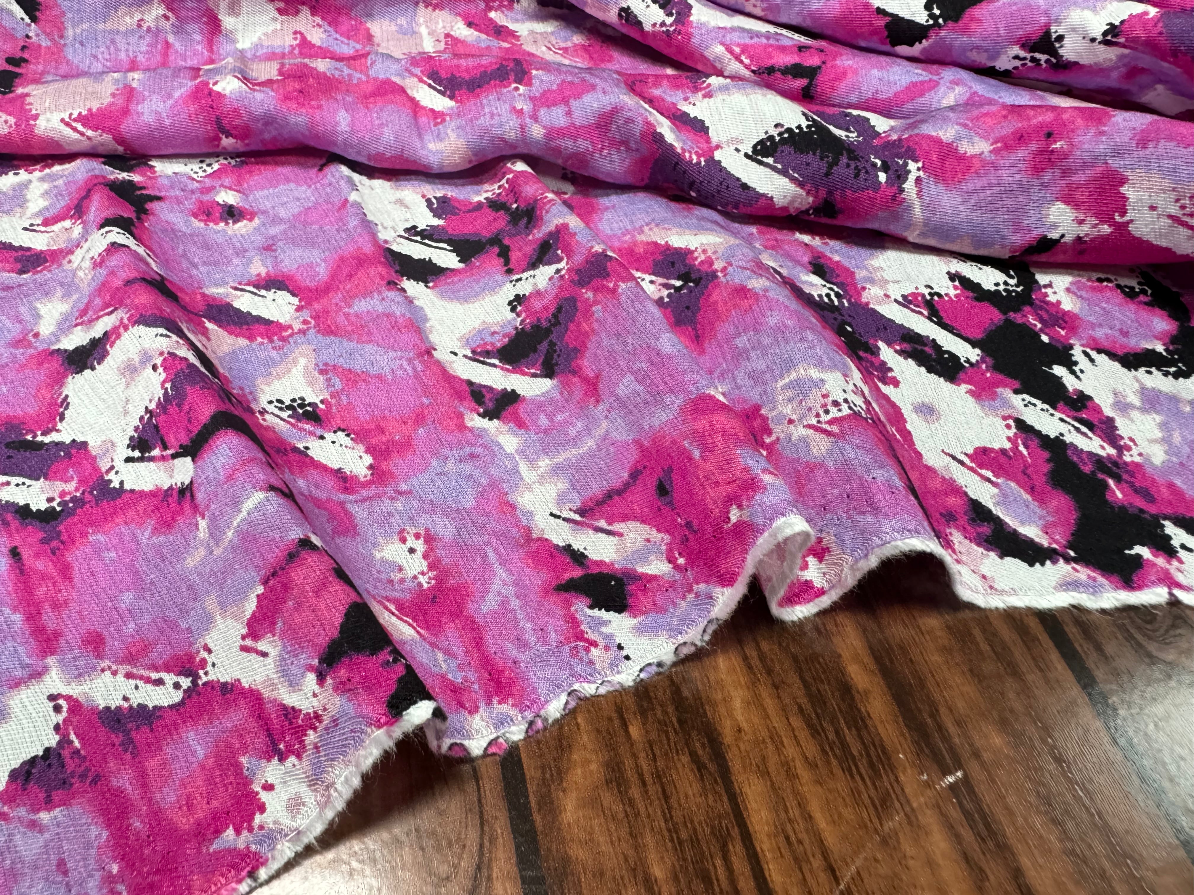 VISCOSE NYLON TWILL TISSU IMPRIMÉ ABSTRAIT FUCHSIA - My Little Coupon