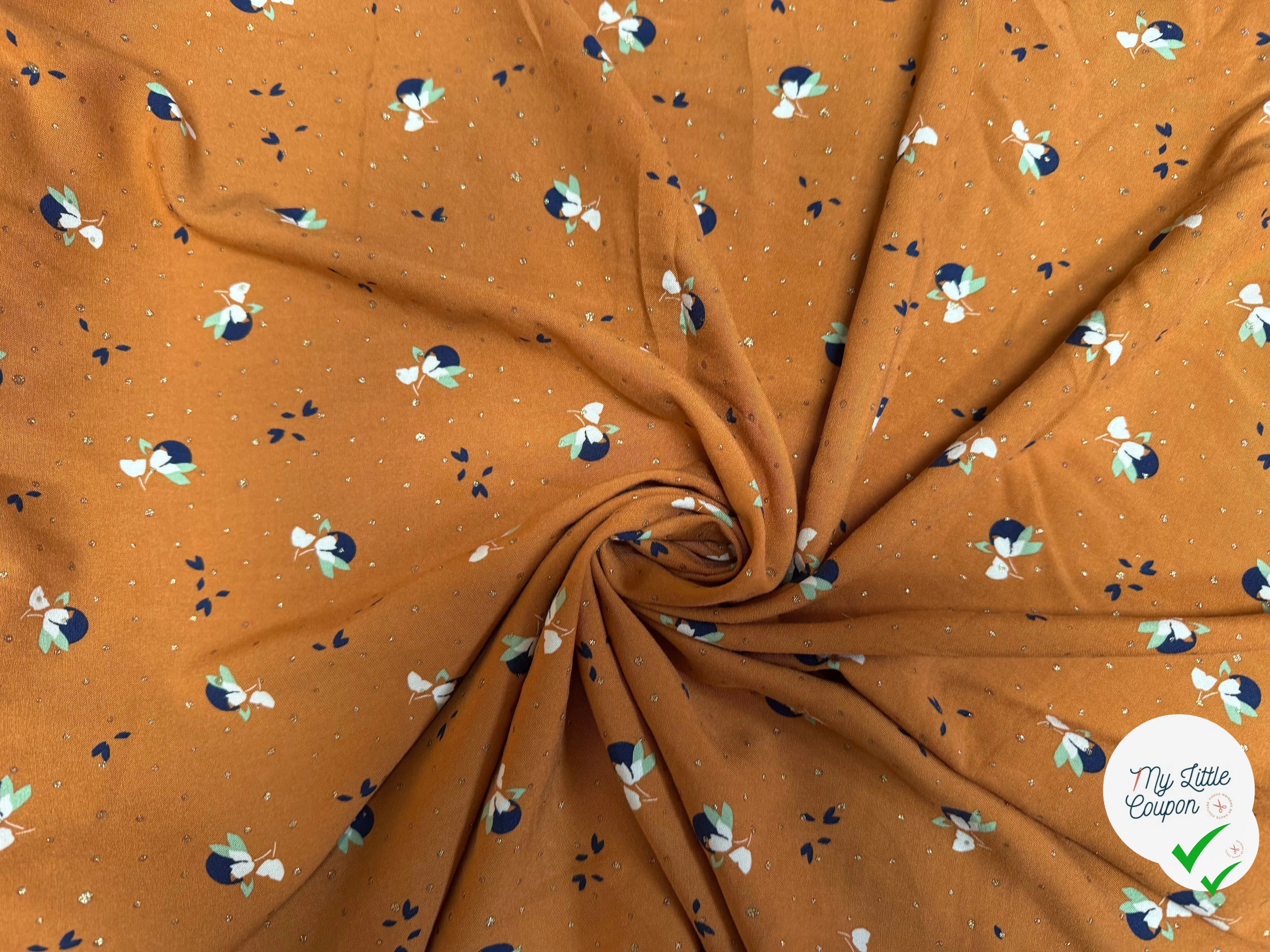 VISCOSE ORANGE CITROUILLE AVEC MOTIFS FLEURS ET TRASS DORÉS - My Little Coupon