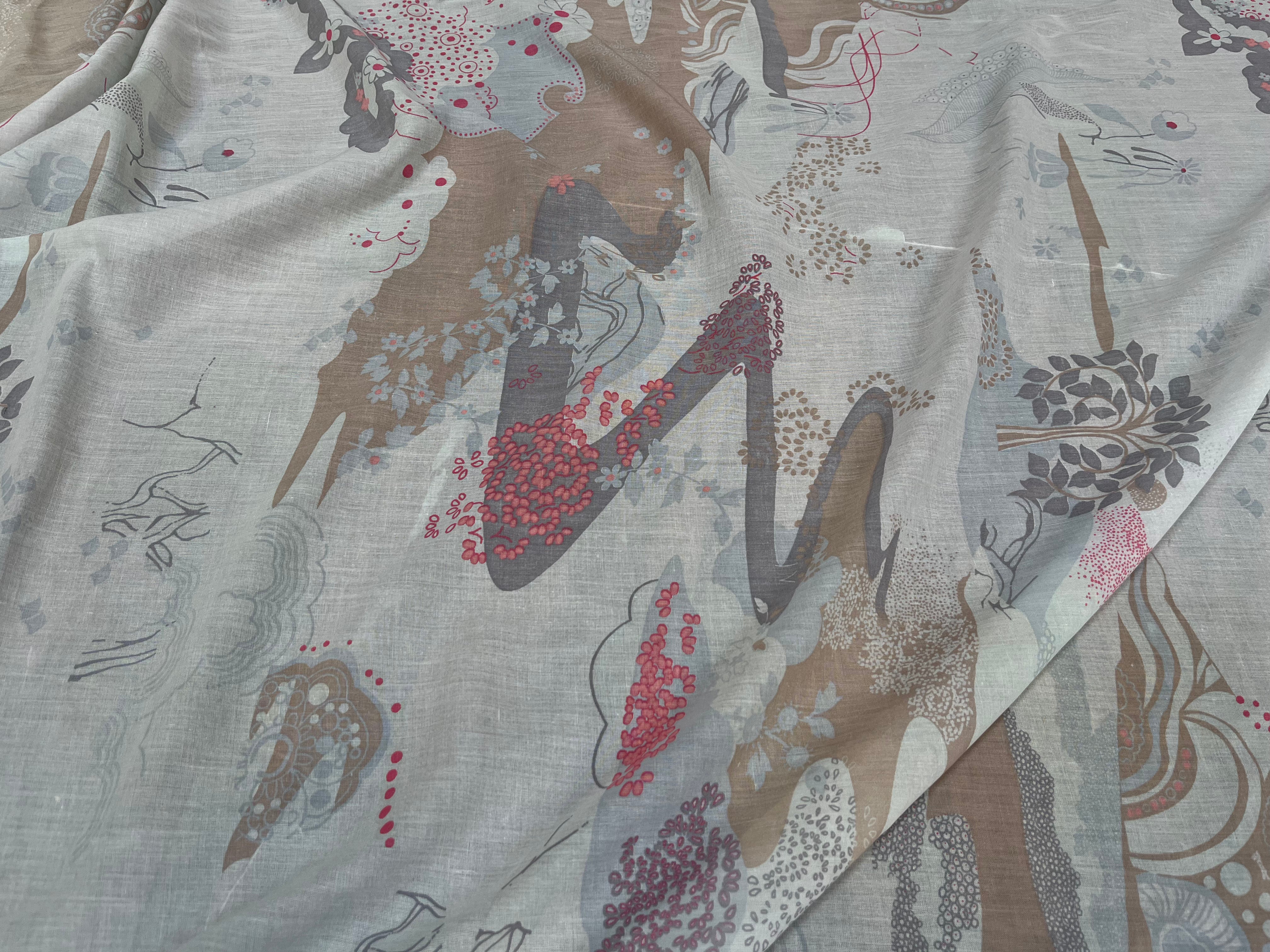VOILE DE COTON ROSACE FLORALE MULTICOLORE FOND GRIS - My Little Coupon